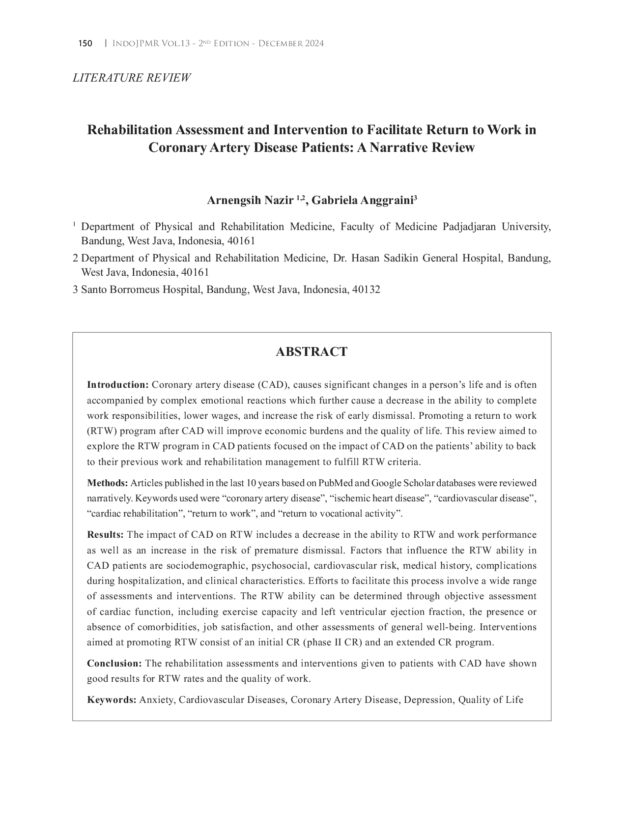 JURIS Rehabilitation Assessment and Intervention to Facilitate Return to Work in Coronary Artery Disease Patients A Narrative Review