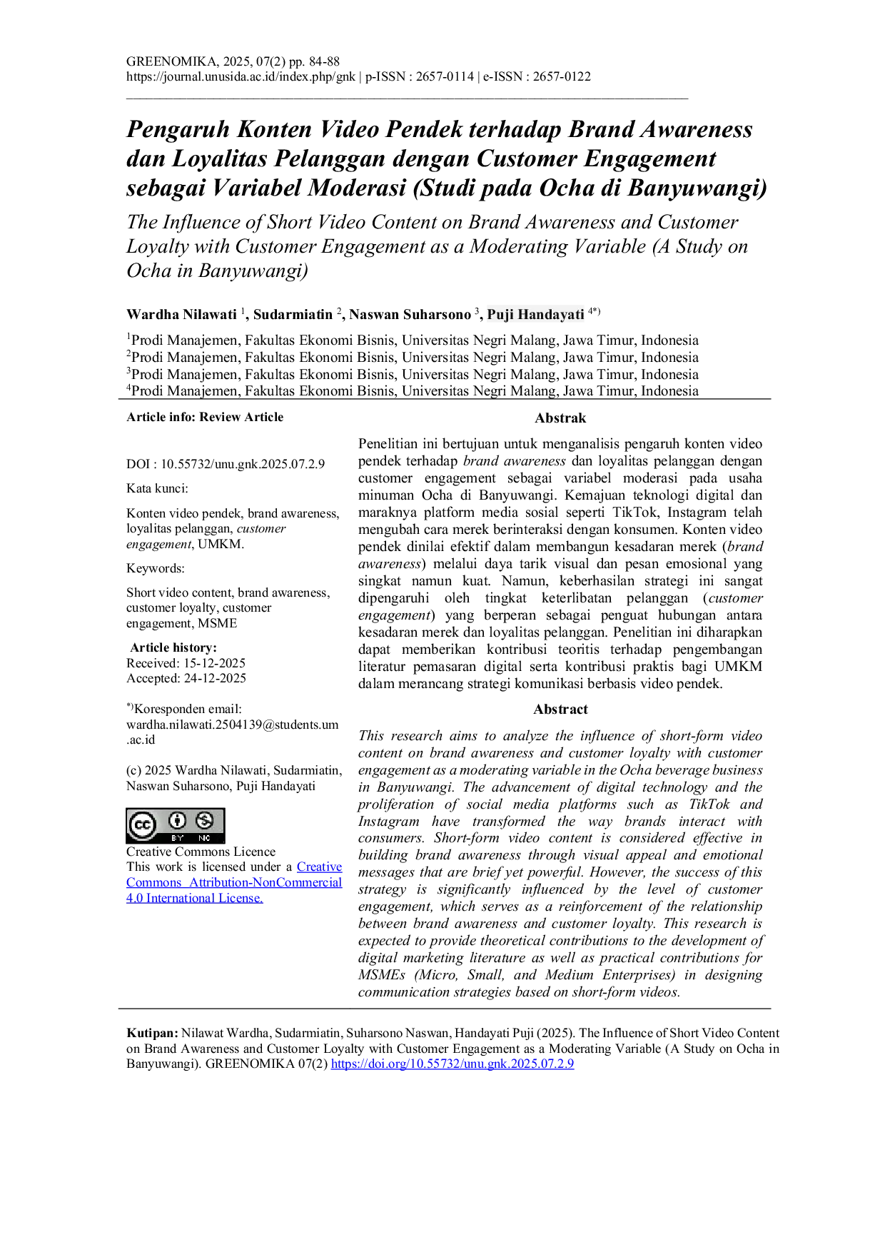 JURIS The Influence of Short Video Content on Brand Awareness and Customer Loyalty with Customer Engagement as a Moderating Variable A Study on Ocha in Banyuwangi
