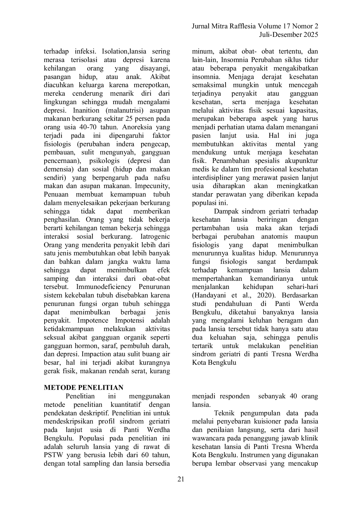 JURIS SINDROM GERIATRI PADA LANJUT USIA DI PANTI SOSIAL TRESNA WERDHA BENGKULU