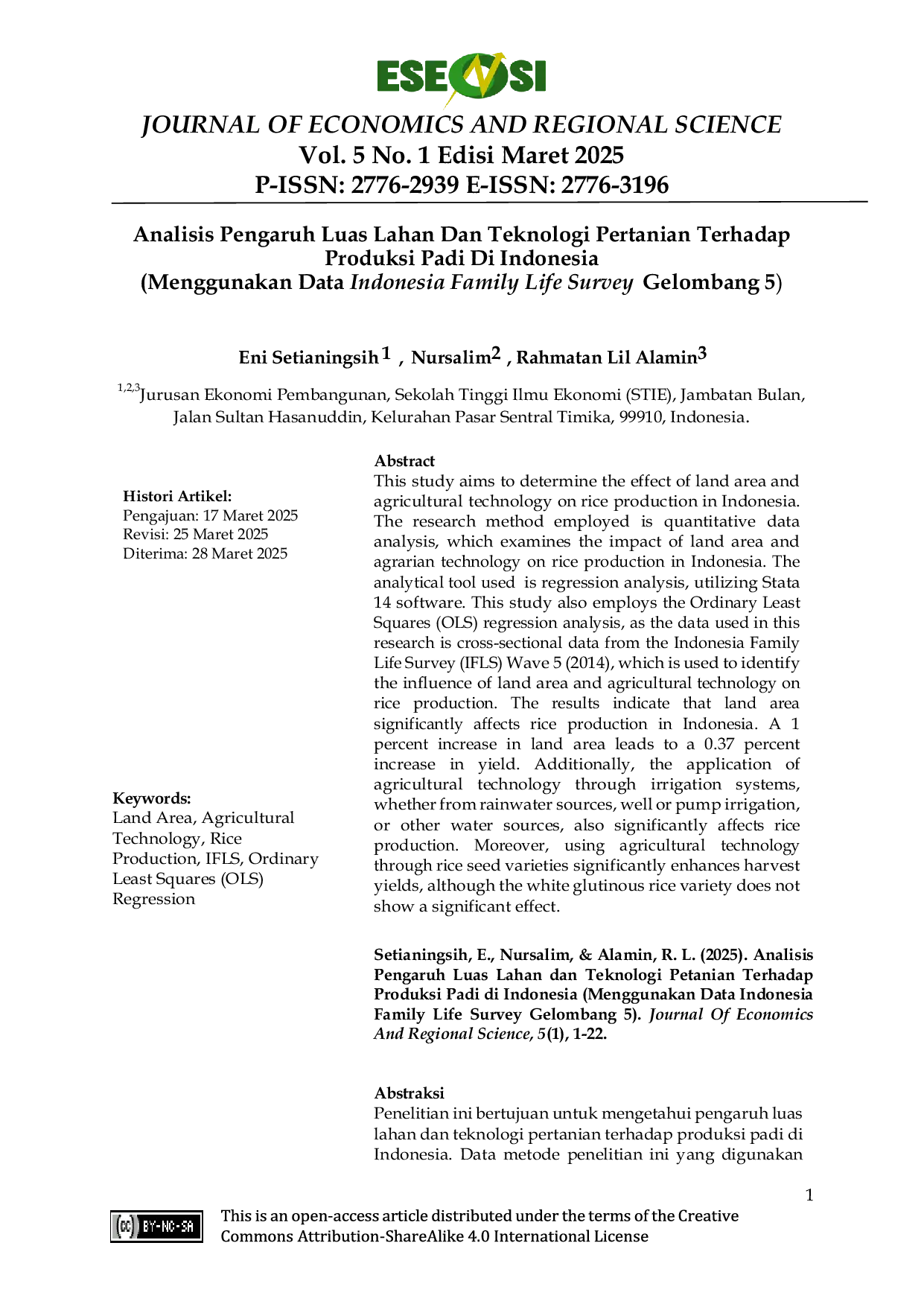 JURIS Analisis Pengaruh Luas Lahan Dan Teknologi Pertanian Terhadap Produksi Padi Di Indonesia Menggunakan Data Indonesia Family Life Survey Gelombang 5