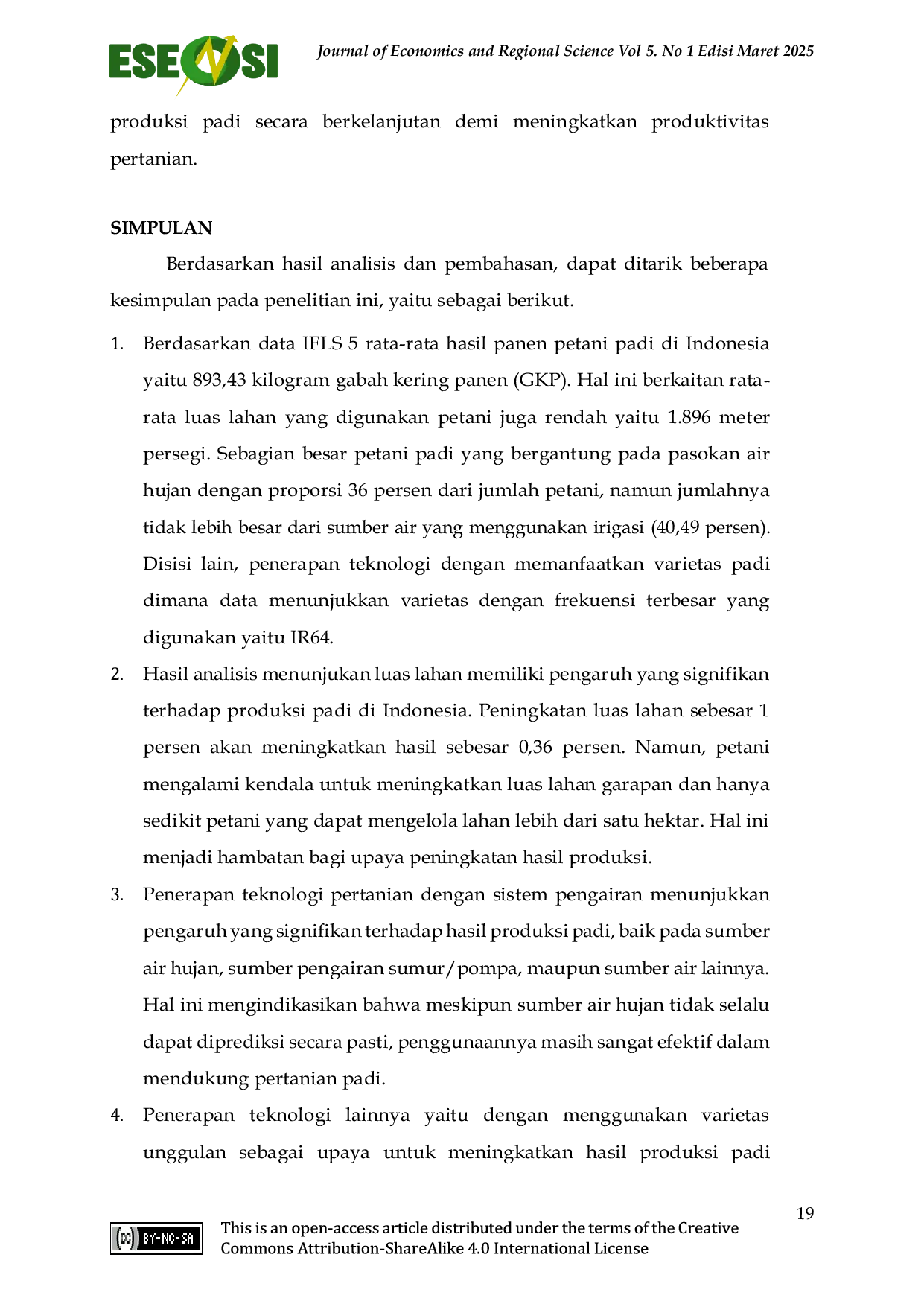 JURIS Analisis Pengaruh Luas Lahan Dan Teknologi Pertanian Terhadap Produksi Padi Di Indonesia Menggunakan Data Indonesia Family Life Survey Gelombang 5