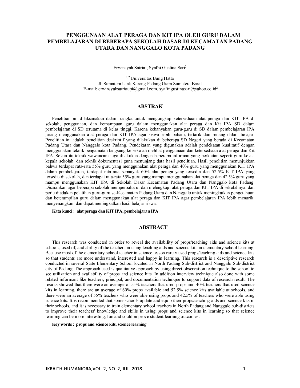 JURIS Penggunaan Alat Peraga dan Kit IPA oleh Guru dalam Pembelajaran di Beberapa Sekolah Dasar di Kecamatan Padang Utara dan Nanggalo Kota Padang