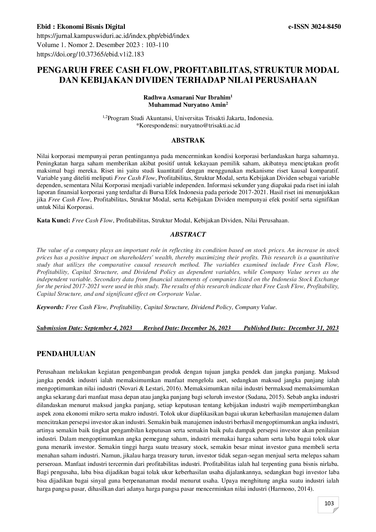 JURIS The Influence of Free Cash Flow Profitability Capital Structure and Dividend Policy on Company Value