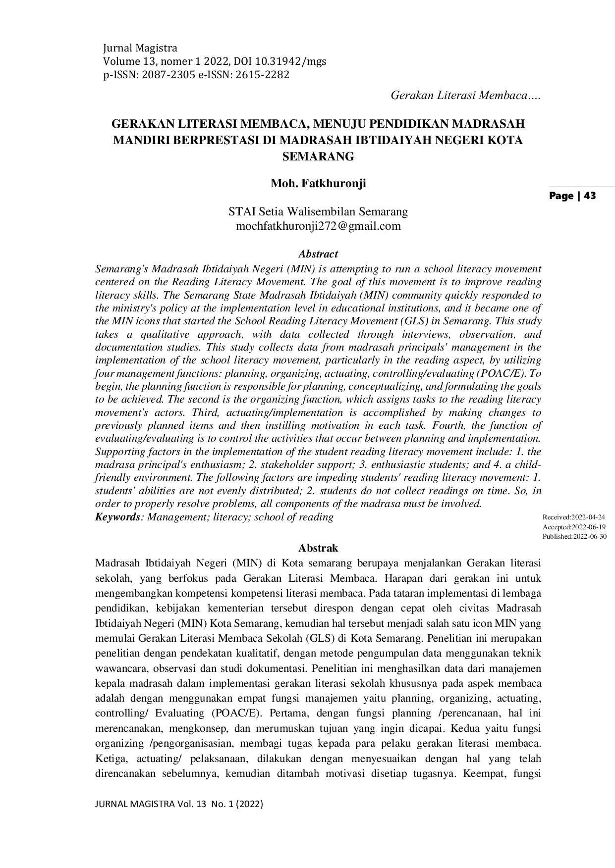 JURIS Gerakan Literasi Membaca Menuju Pendidikan Madrasah Mandiri Berprestasi Di Madrasah Ibtidaiyah Negeri Kota Semarang