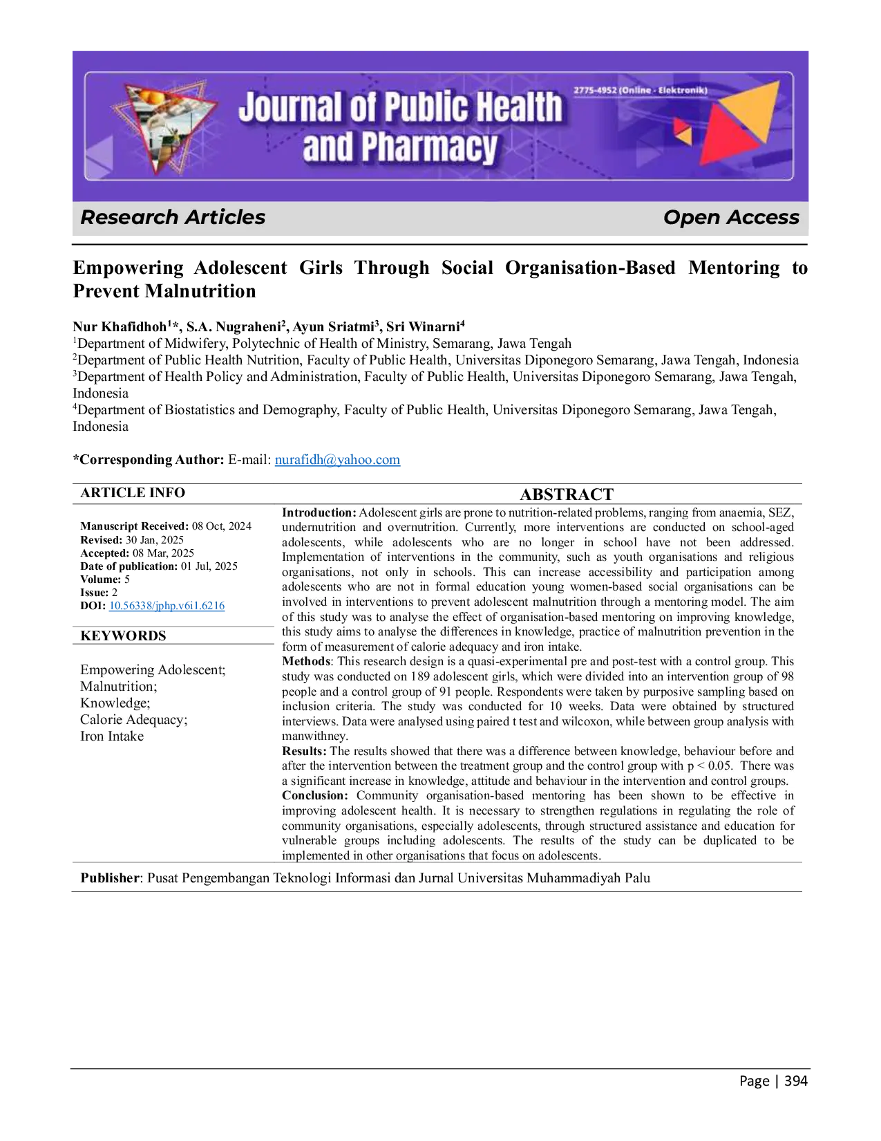 JURIS Empowering Adolescent Girls Through Social Organisation Based Mentoring to Prevent Malnutrition