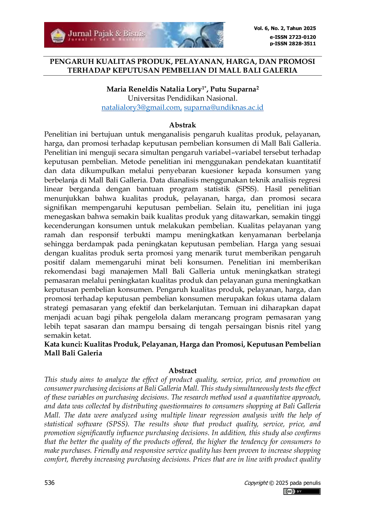 JURIS Pengaruh Kualitas Produk Pelayanan Harga Dan Promosi Terhadap Keputusan Pembelian Di Mall Bali Galeria