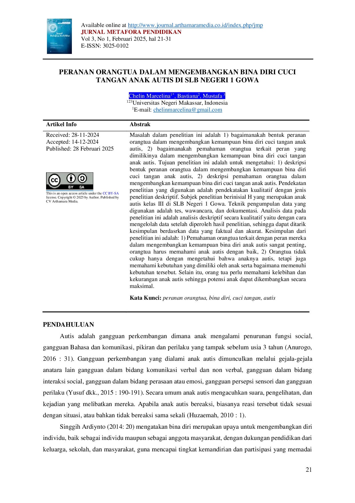 JURIS Peranan Orangtua Dalam Mengembangkan Bina Diri Cuci Tangan Anak Autis Di Slb Negeri 1 Gowa