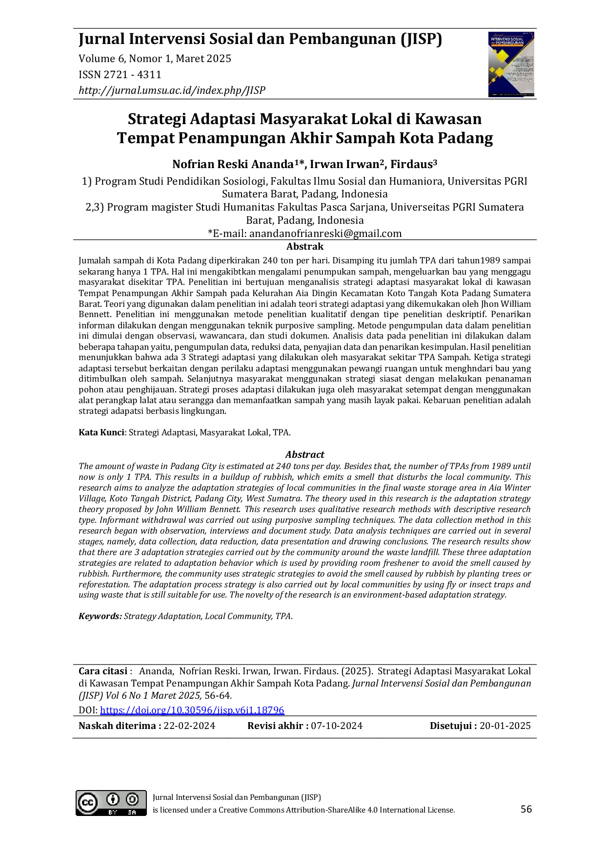JURIS Strategi Adaptasi Masyarakat Lokal di Kawasan Tempat Penampungan Akhir Sampah Kota Padang