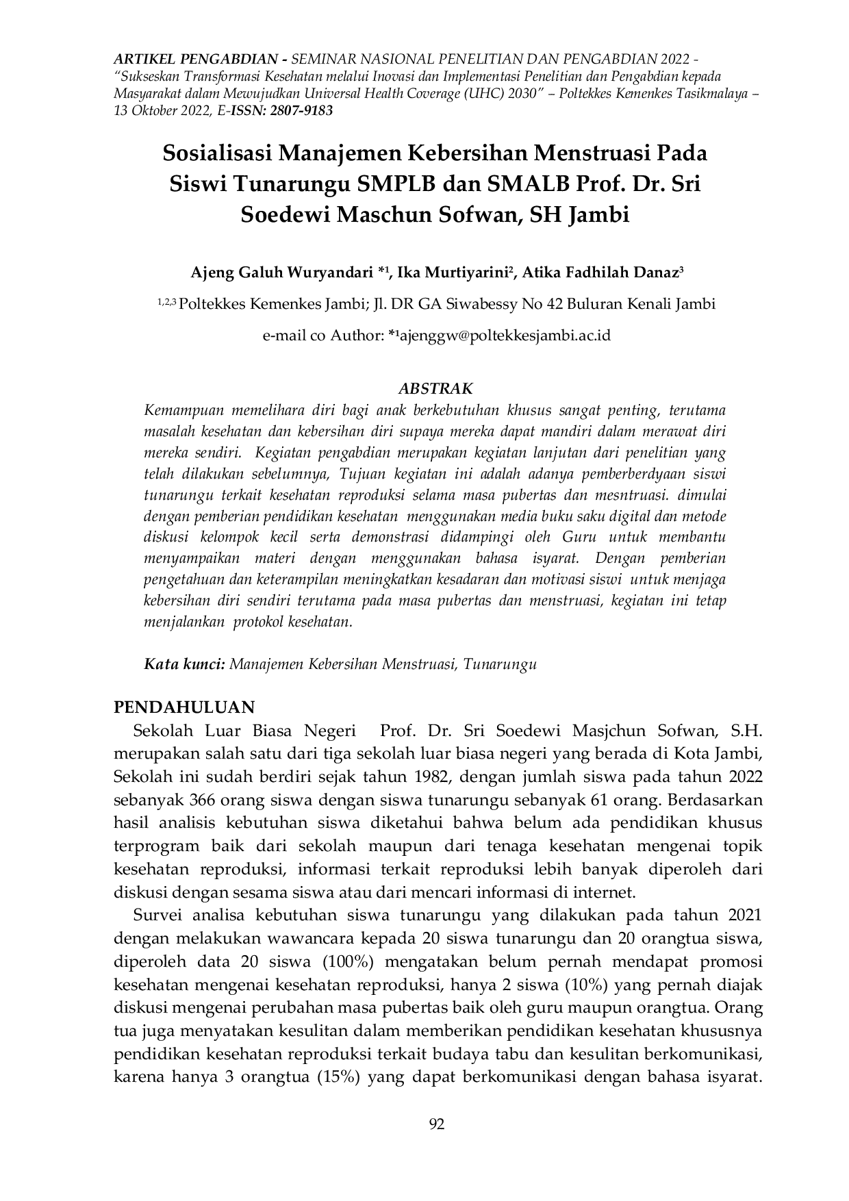 JURIS Sosialisasi Manajemen Kebersihan Menstruasi Pada Siswi Tunarungu SMPLB dan SMALB Prof Dr Sri Soedewi Maschun Sofwan SH Jambi