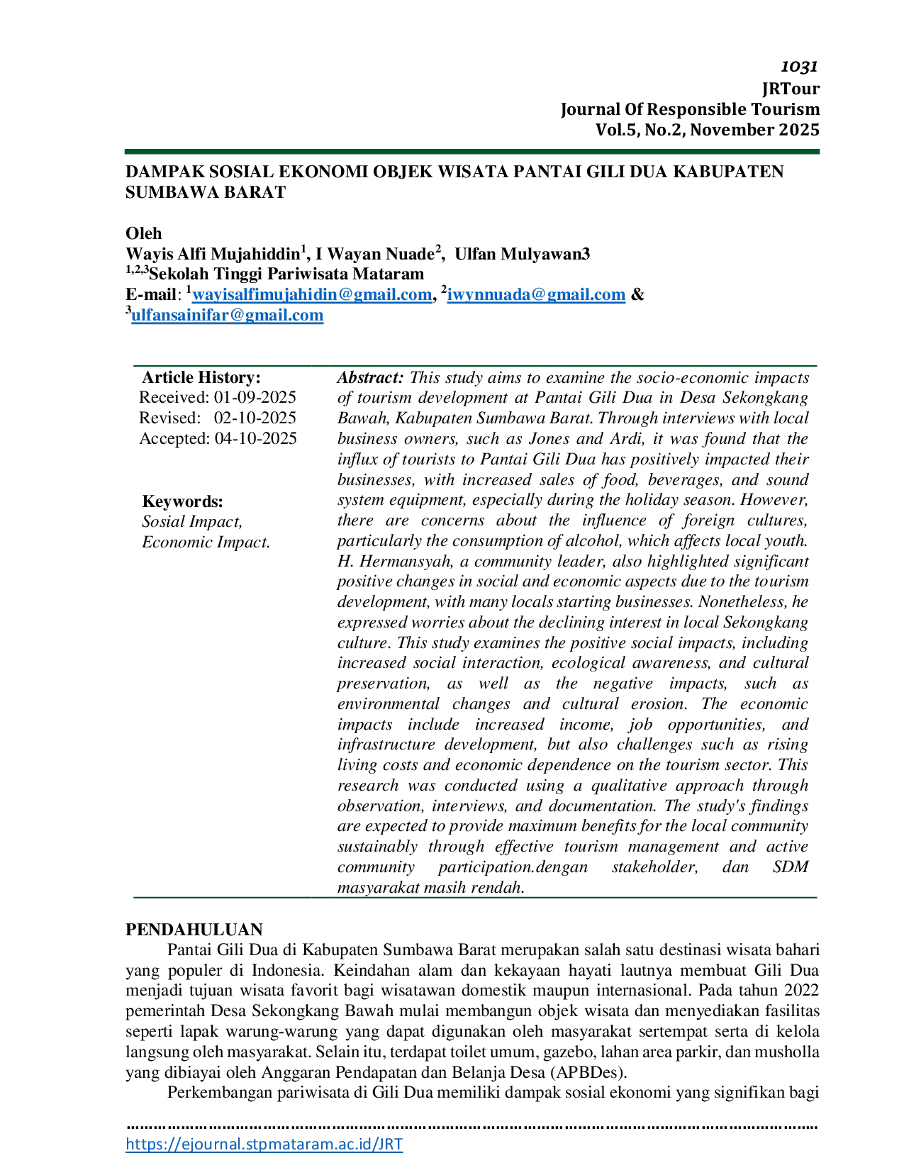 JURIS Dampak Sosial Ekonomi Objek Wisata Pantai Gili Dua Kabupaten Sumbawa Barat