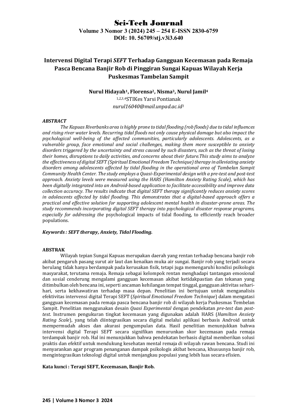 JURIS Intervensi Digital Terapi SEFT Terhadap Gangguan Kecemasan pada Remaja Pasca Bencana Banjir Rob di Pinggiran Sungai Kapuas Wilayah Kerja Puskesmas Tambelan Sampit