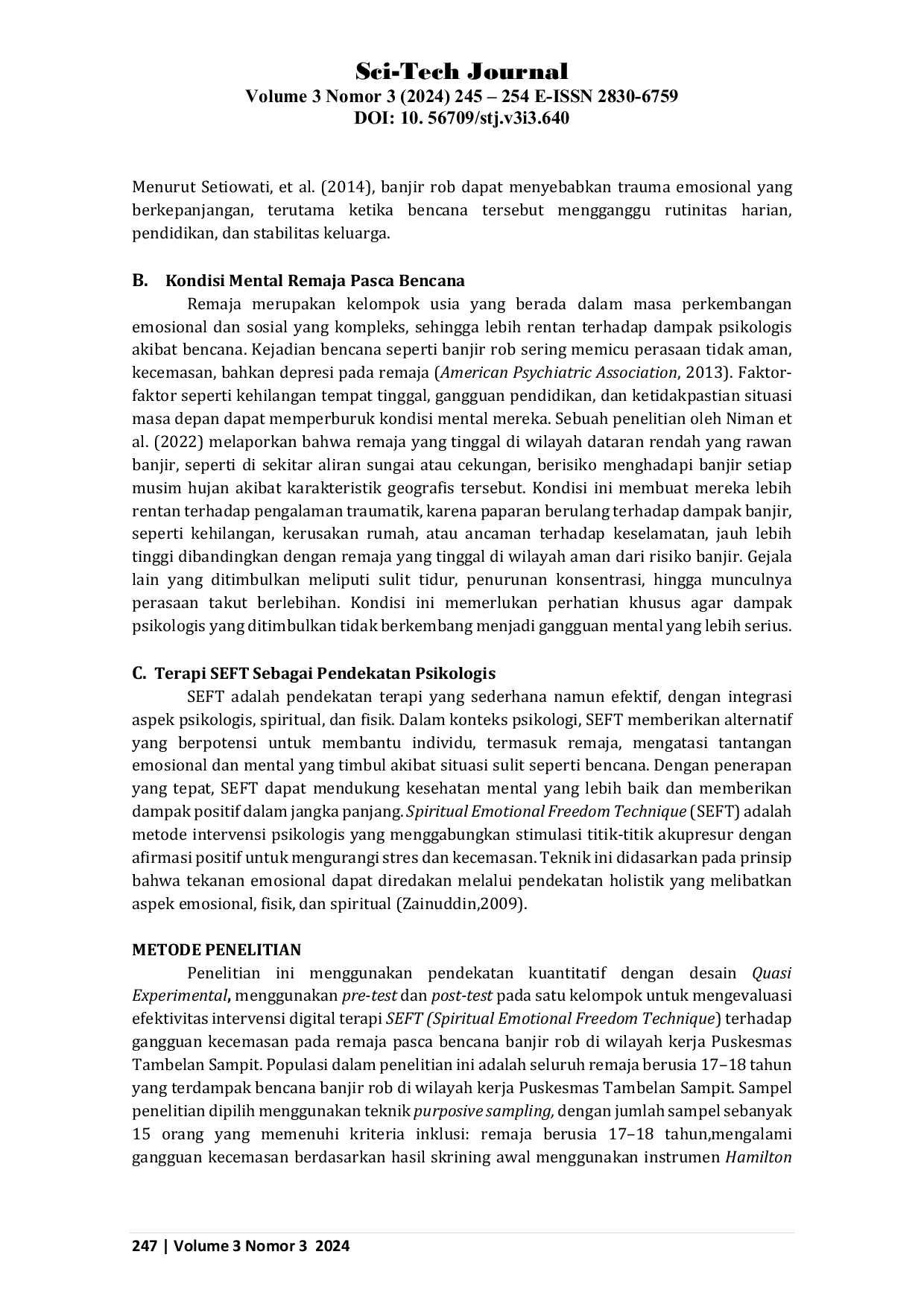 JURIS Intervensi Digital Terapi SEFT Terhadap Gangguan Kecemasan pada Remaja Pasca Bencana Banjir Rob di Pinggiran Sungai Kapuas Wilayah Kerja Puskesmas Tambelan Sampit