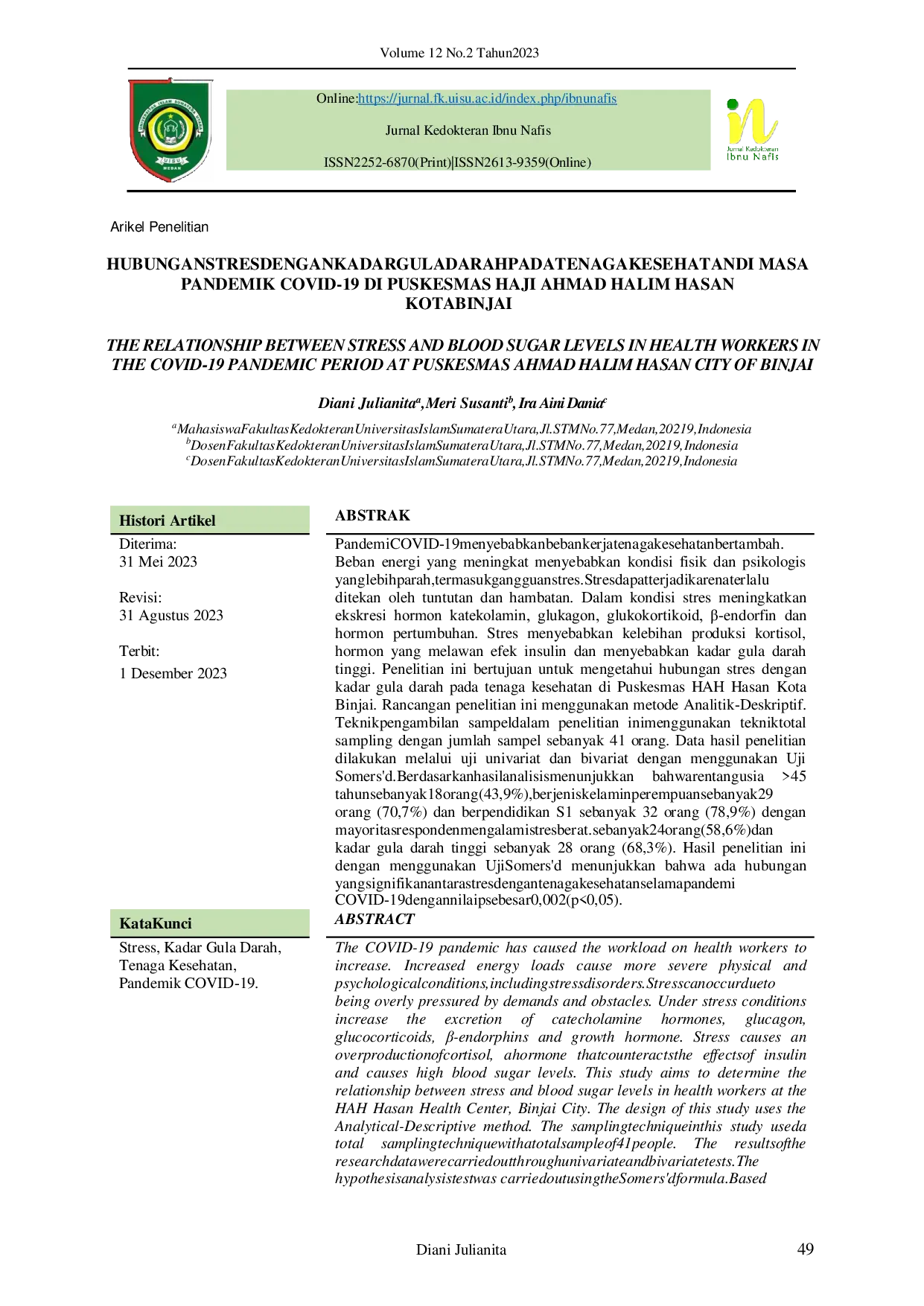 JURIS Hubungan Stres Dengan Kadar Gula Darah Pada Tenaga Kesehatan Di Masa Pandemik Covid 19 Di Puskesmas Haji Ahmad Halim Hasan Kota Binjai