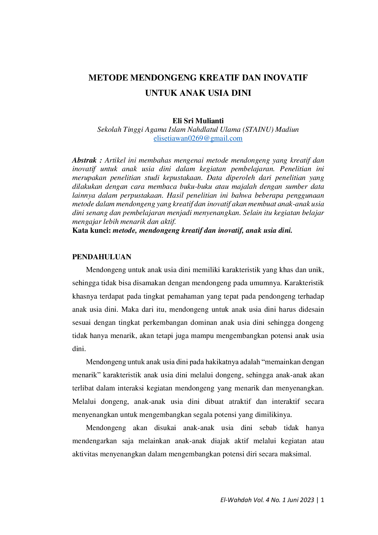 JURIS Metode Mendongeng Kreatif Dan Inovatif Untuk Anak Usia Dini