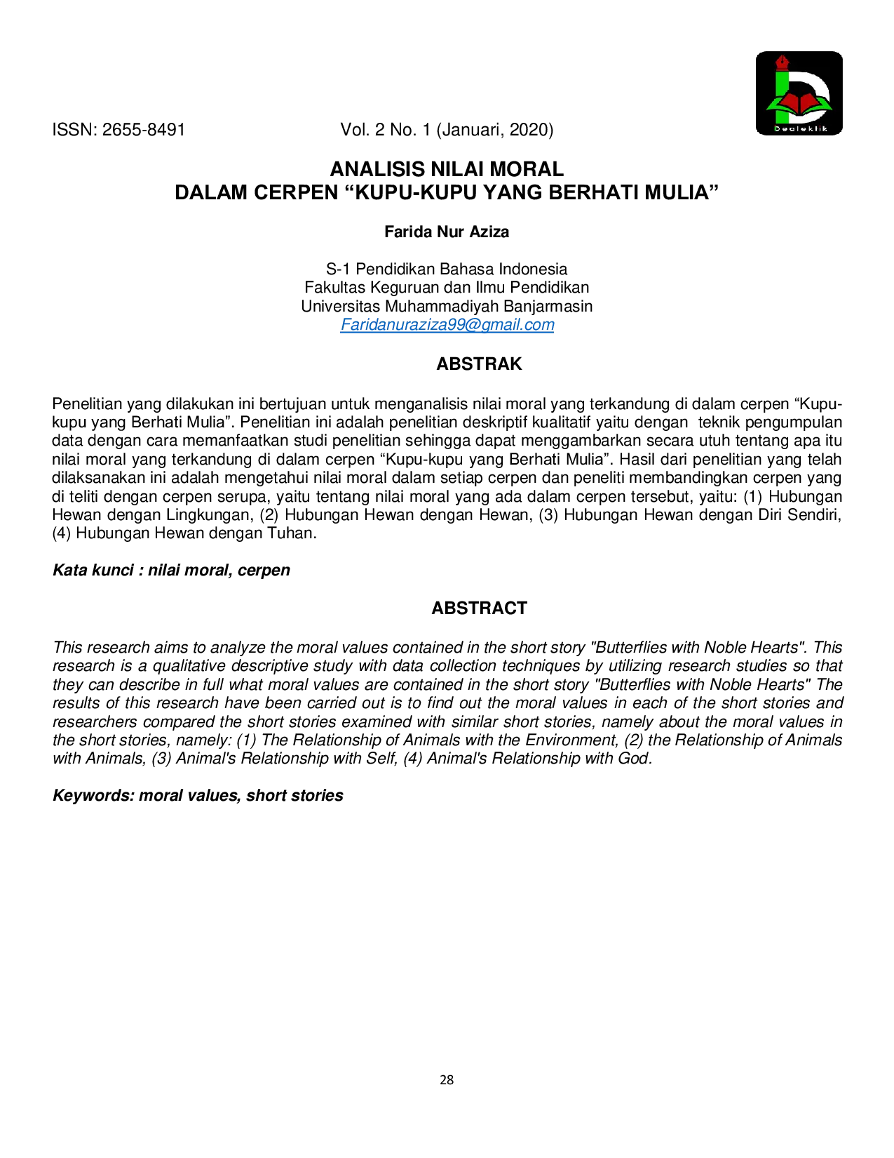 JURIS Analisis Nilai Moral dalam Cerpen Kupu Kupu yang Berhati Mulia