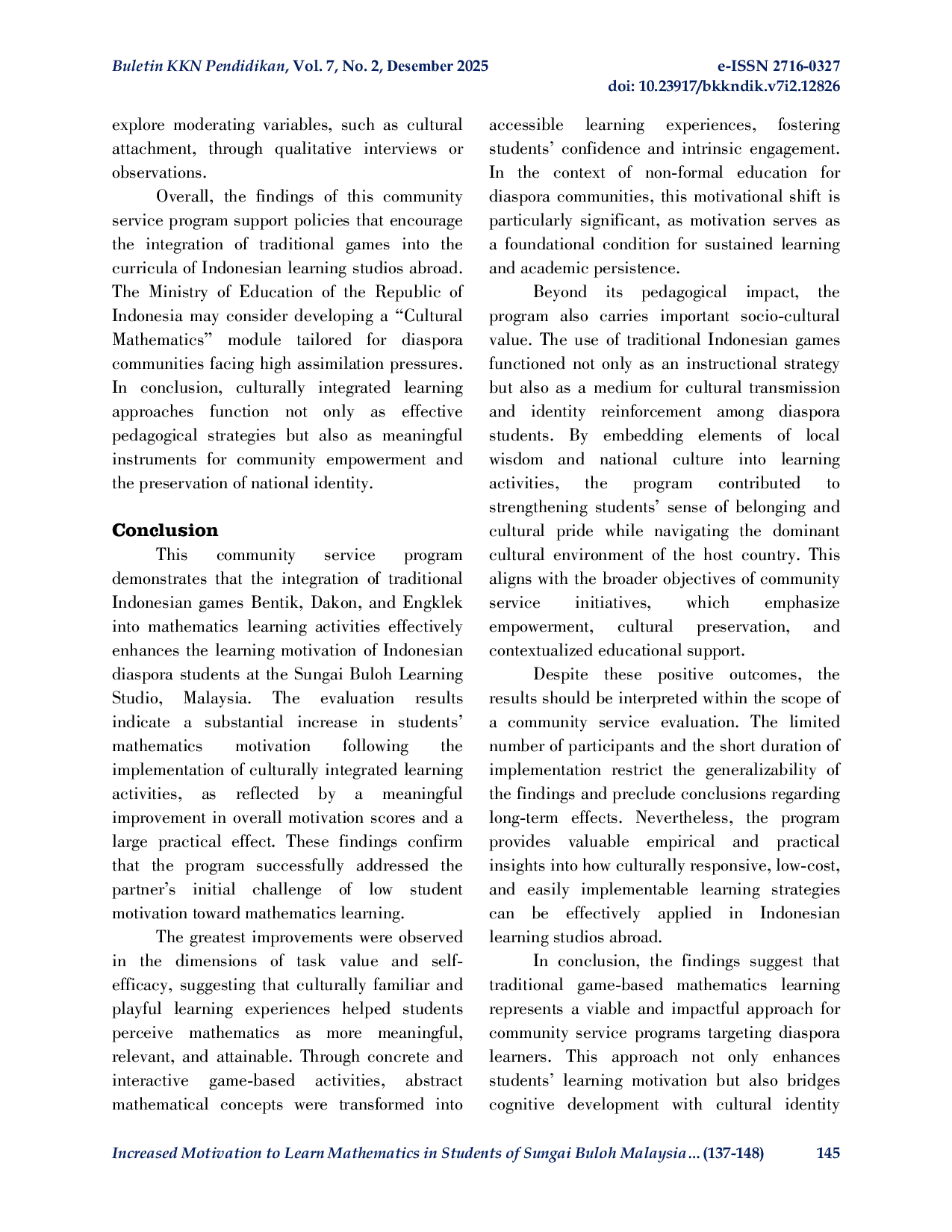 JURIS Increased Motivation to Learn Mathematics in Students of Sungai Buloh Malaysia Learning Centre Through Traditional Games