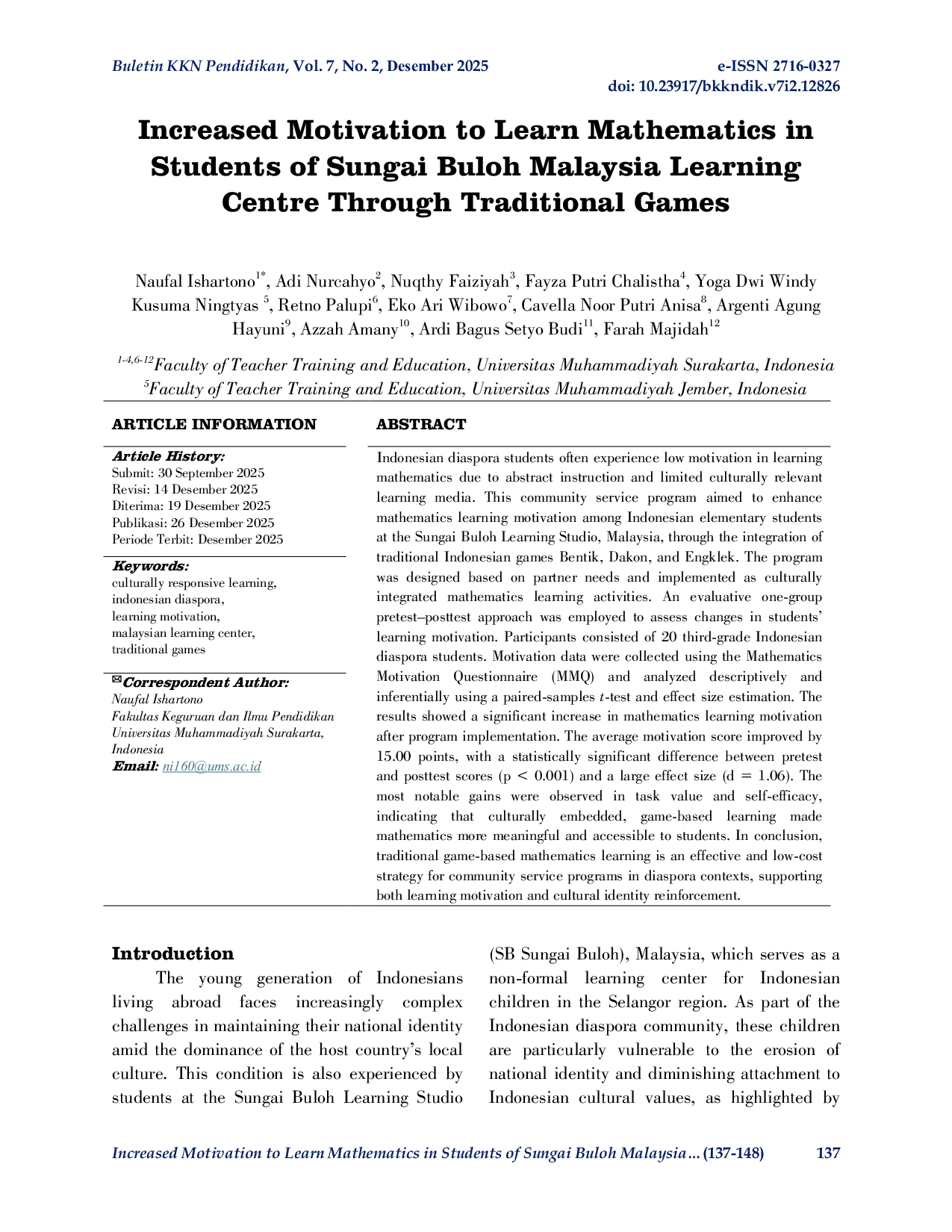 JURIS Increased Motivation to Learn Mathematics in Students of Sungai Buloh Malaysia Learning Centre Through Traditional Games