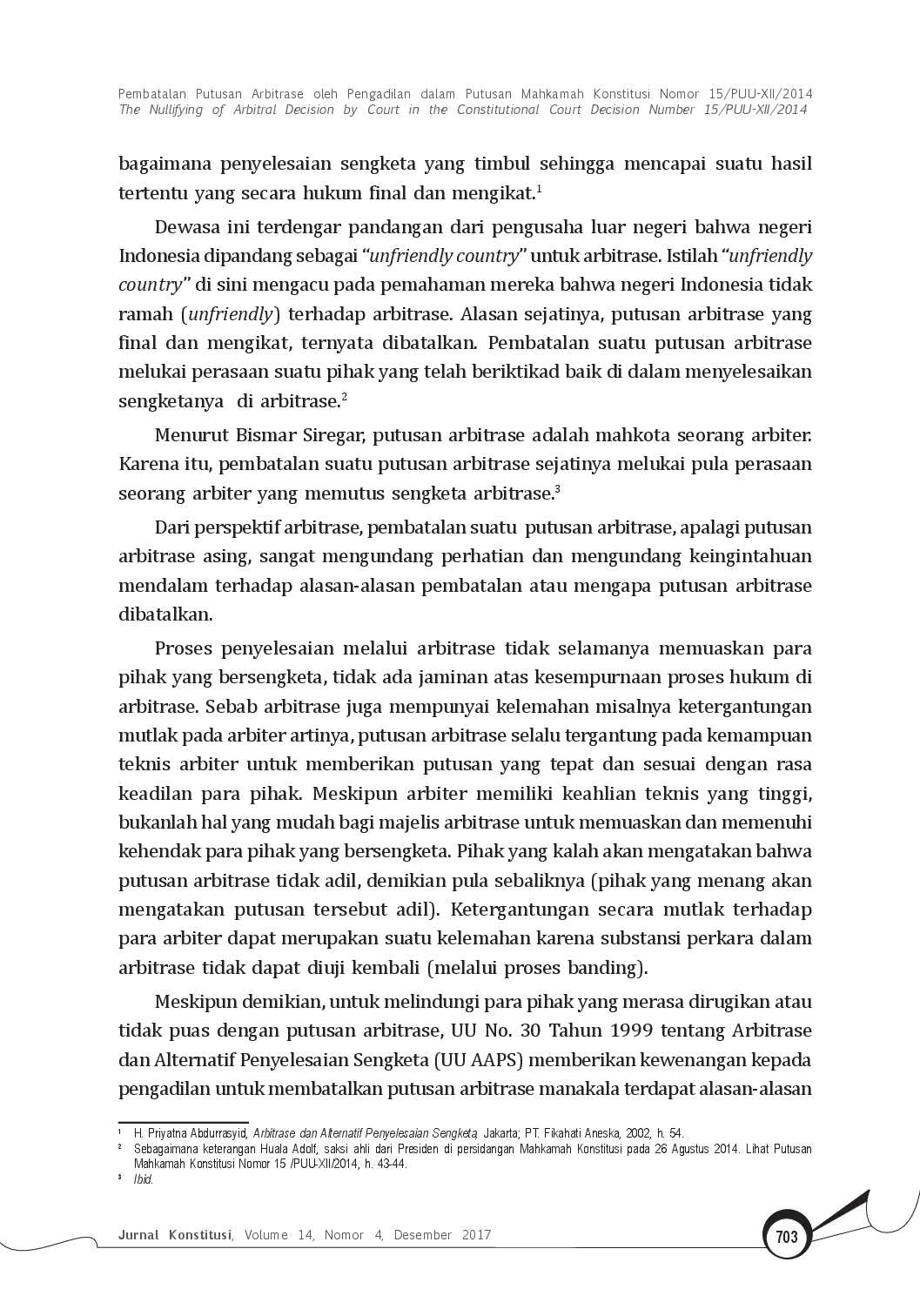 juris Pembatalan Putusan Arbitrase oleh Pengadilan dalam Putusan Mahkamah Konstitusi Nomor 15 PUU XII 2014