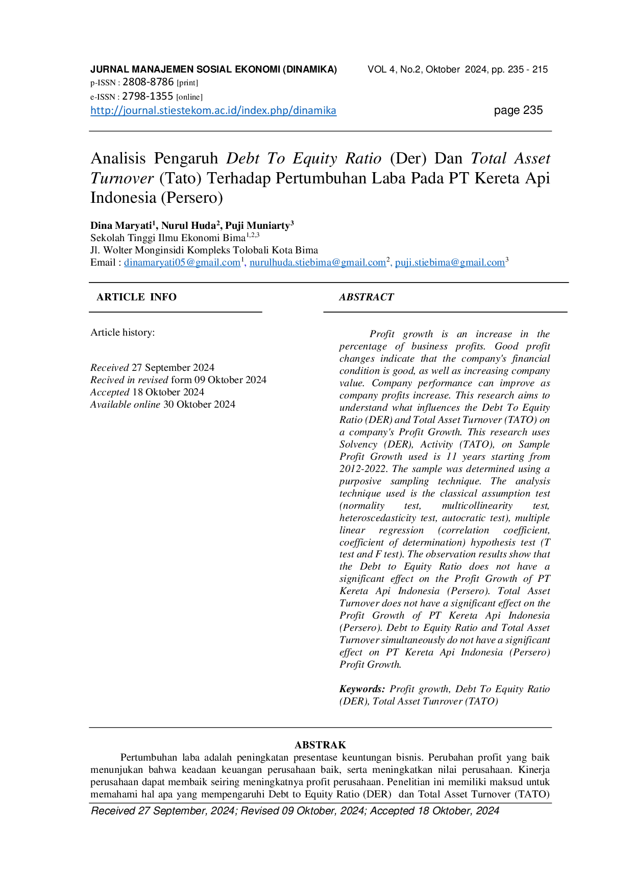 JURIS ANALISIS PENGARUH DEBT TO EQUITY RATIO DER DAN TOTAL ASSET TURNOVER TATO TERHADAP PERTUMBUHAN LABA PADA PT KERETA API INDONESIA Persero