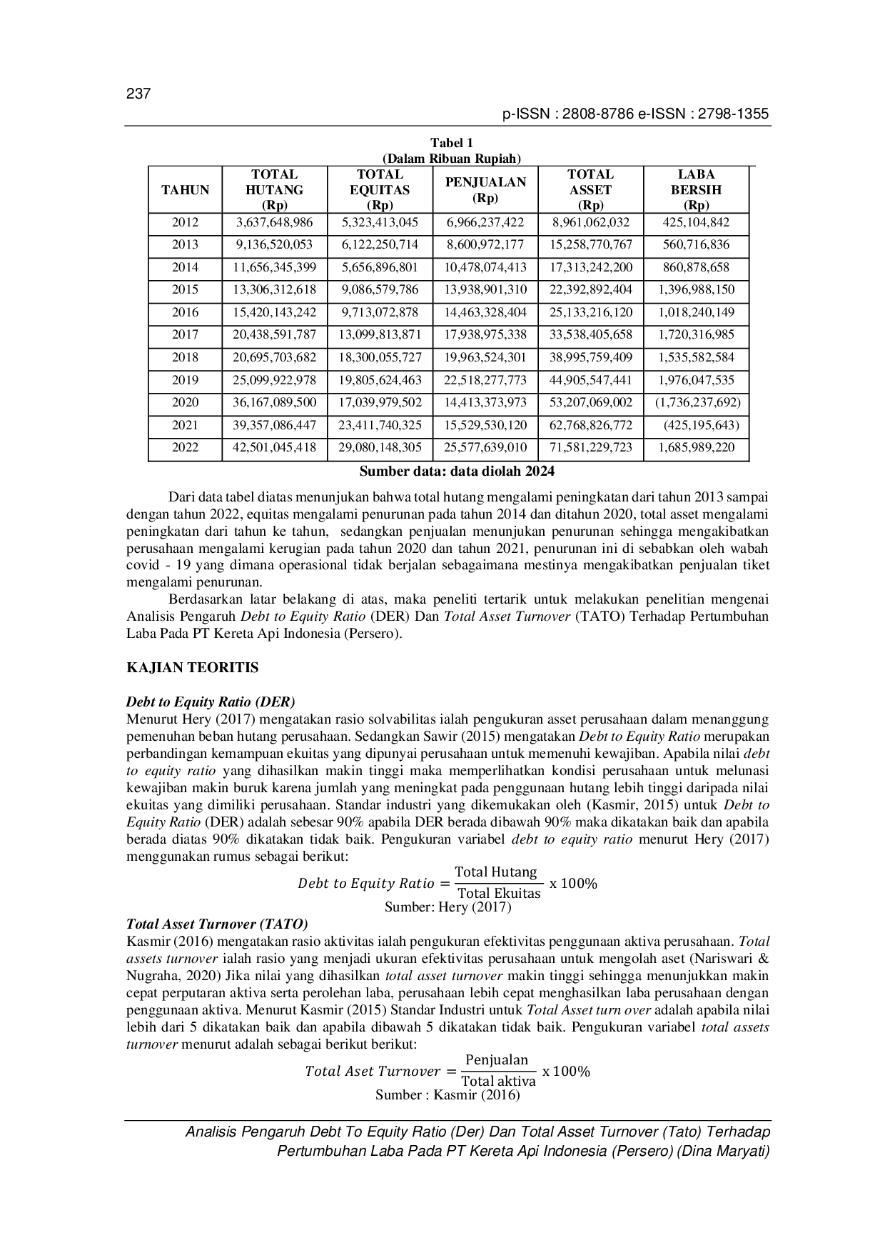 JURIS ANALISIS PENGARUH DEBT TO EQUITY RATIO DER DAN TOTAL ASSET TURNOVER TATO TERHADAP PERTUMBUHAN LABA PADA PT KERETA API INDONESIA Persero