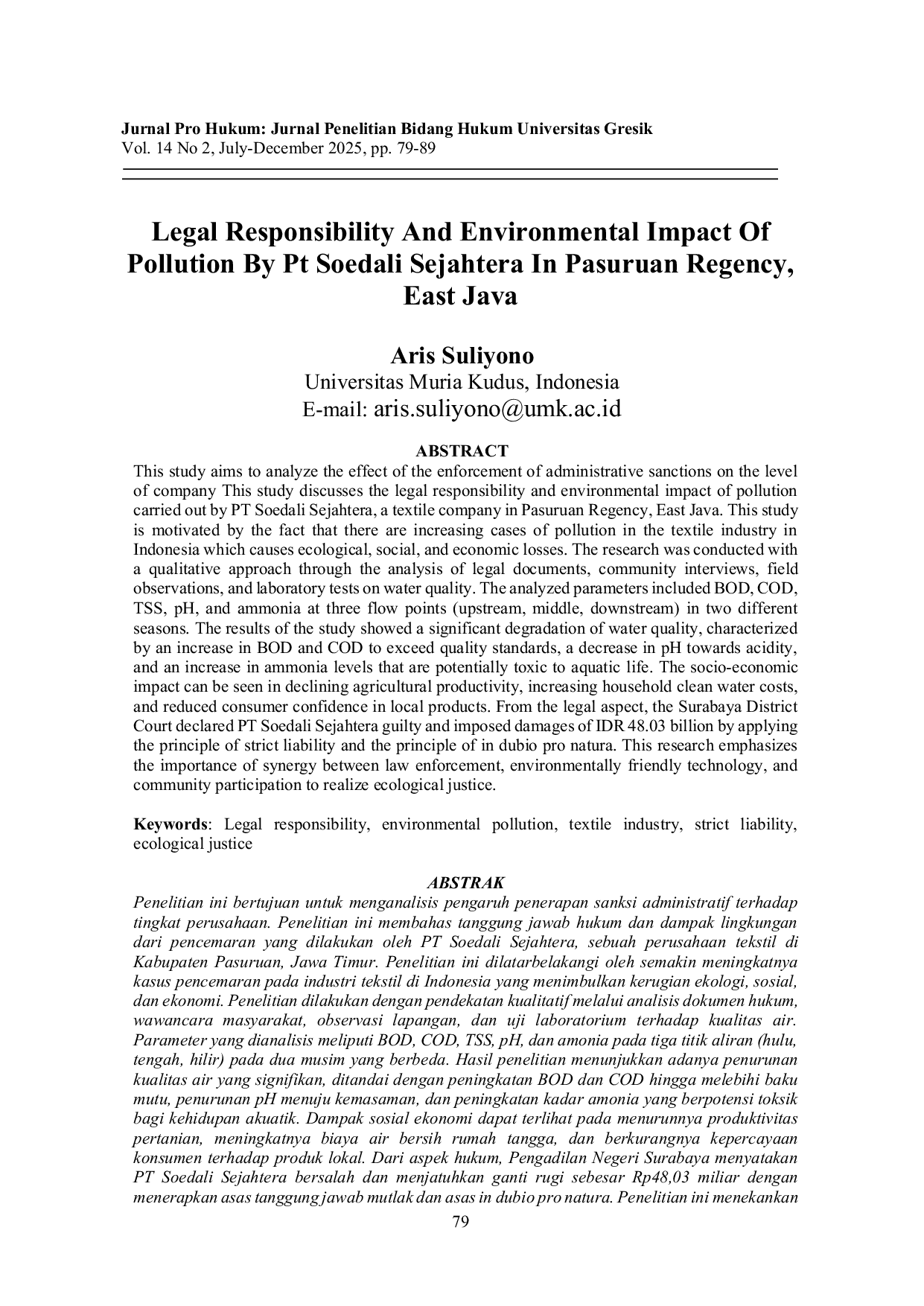 JURIS Legal Responsibility And Environmental Impact Of Pollution By Pt Soedali Sejahtera In Pasuruan Regency East Java