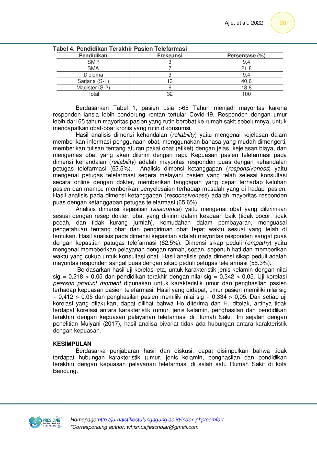 JURIS Hubungan Karakteristik Pasien dengan Kepuasan Pelayanan Telefarmasi di Salah Satu Rumah Sakit Kota Bandung
