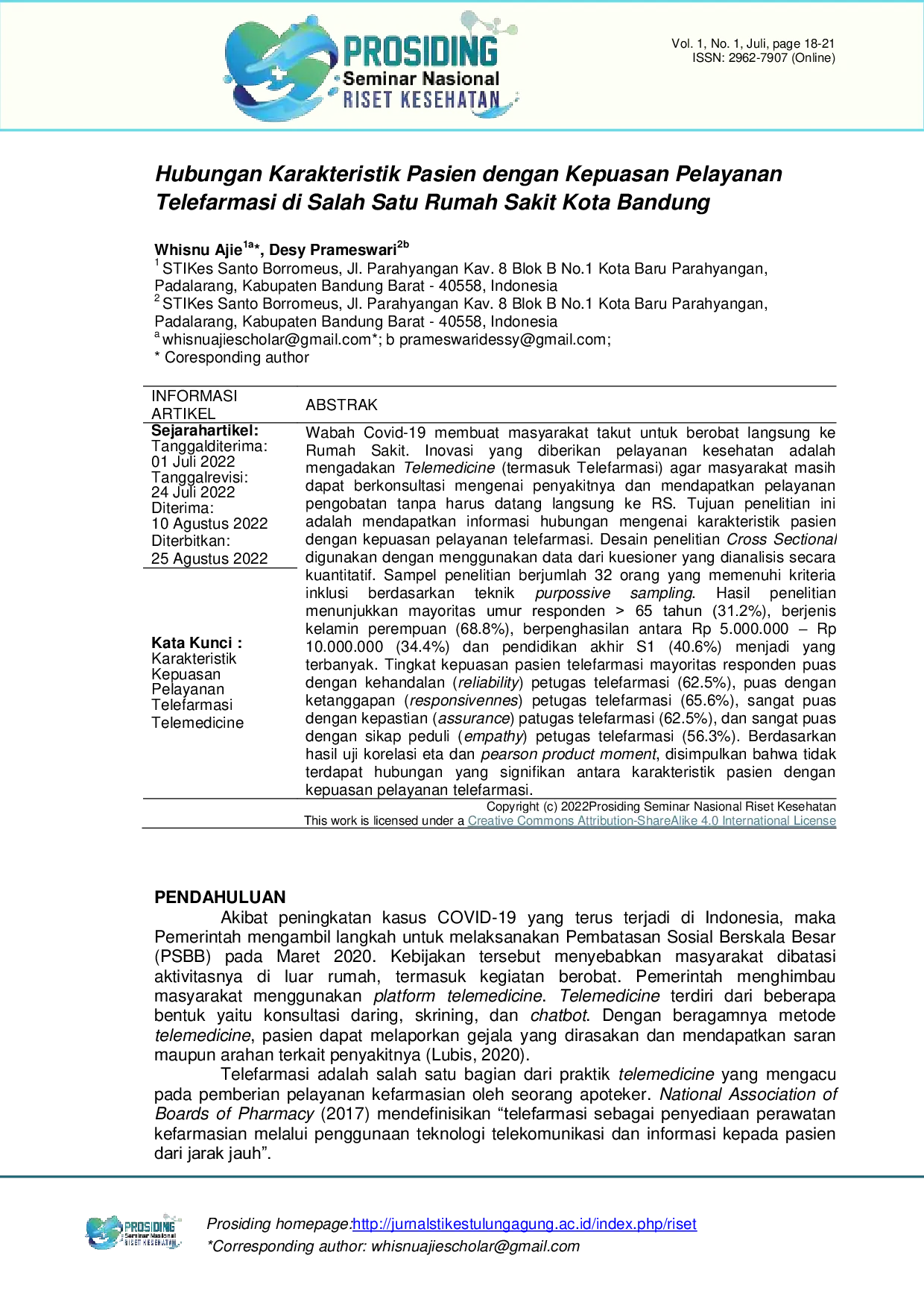 JURIS Hubungan Karakteristik Pasien dengan Kepuasan Pelayanan Telefarmasi di Salah Satu Rumah Sakit Kota Bandung