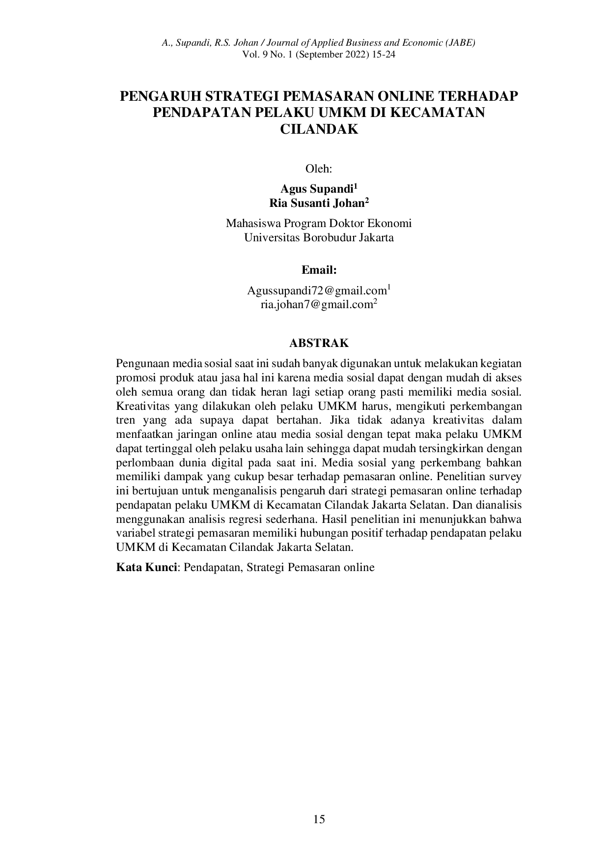 JURIS PENGARUH STRATEGI PEMASARAN ONLINE TERHADAP PENDAPATAN PELAKU UMKM DI KECAMATAN CILANDAK