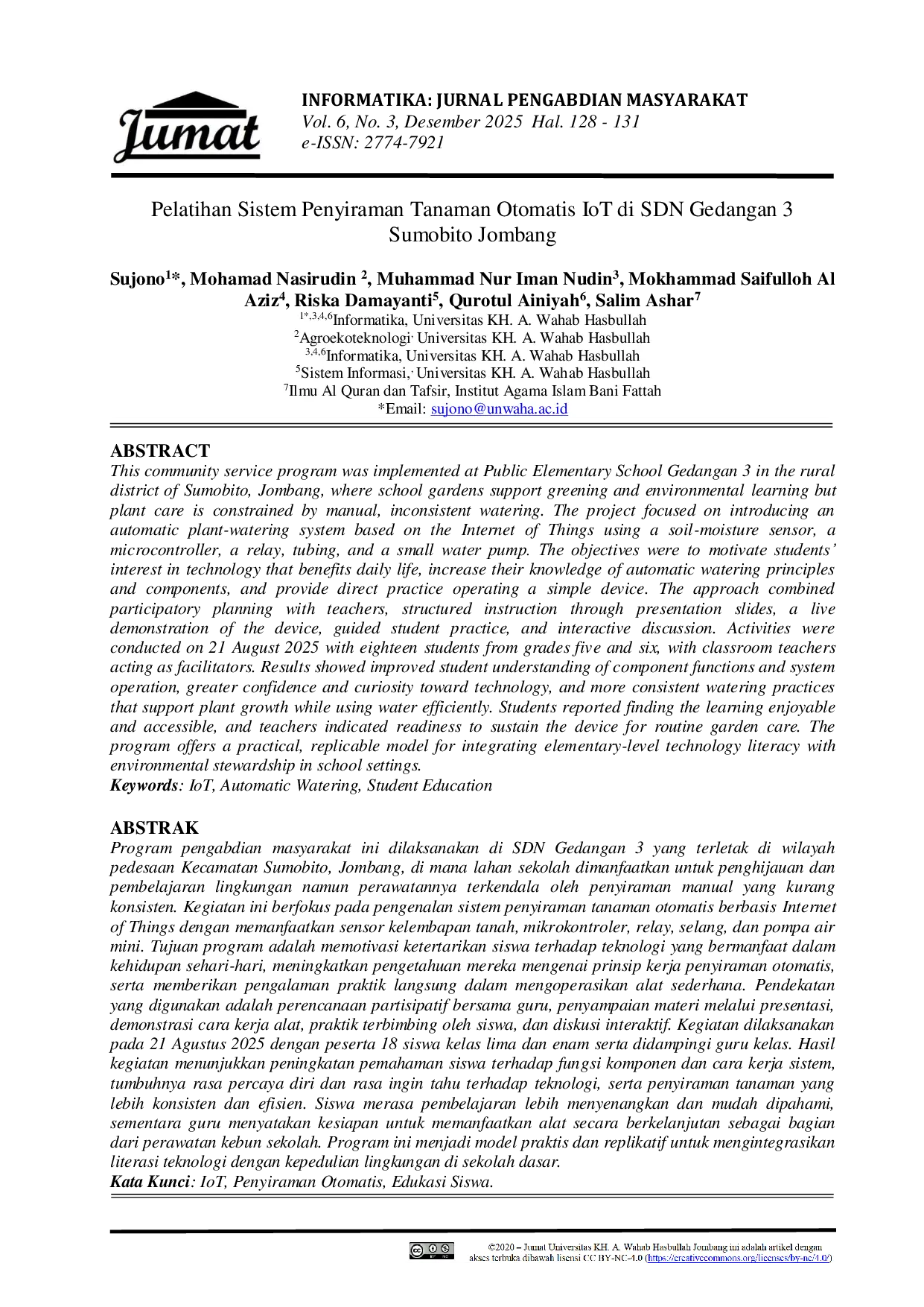 JURIS Pelatihan Sistem Penyiraman Tanaman Otomatis IoT di SDN Gedangan 3 Sumobito Jombang