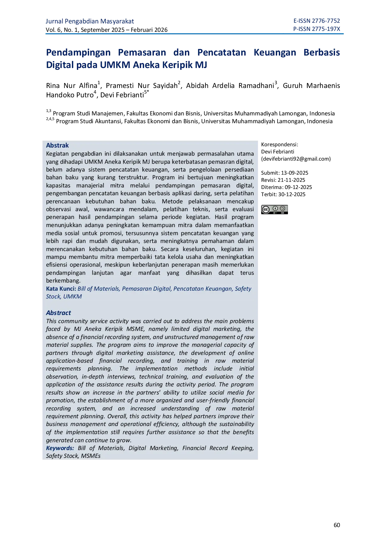 JURIS Pendampingan Pemasaran dan Pencatatan Keuangan Berbasis Digital pada UMKM Aneka Keripik MJ