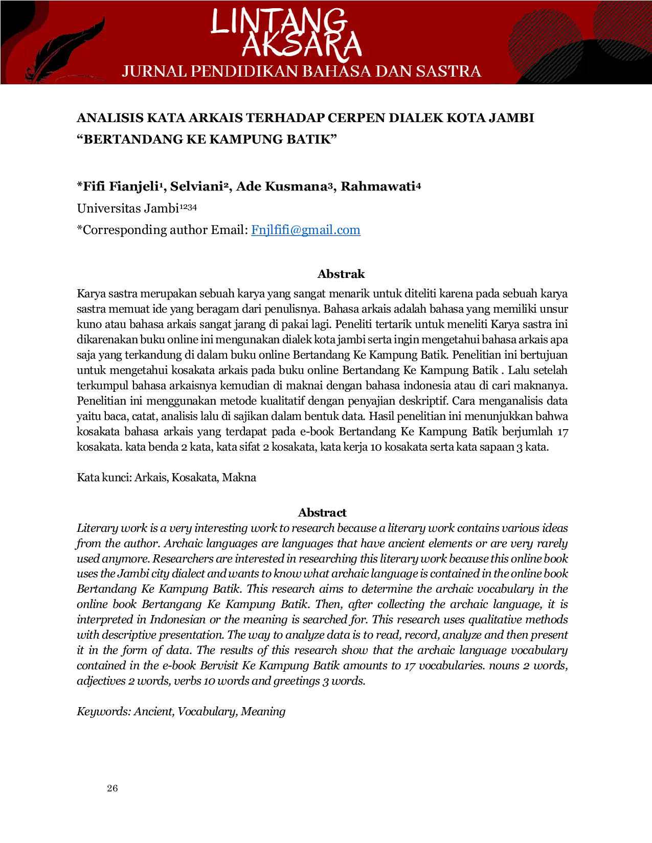 JURIS Analisis Kata Arkais Terhadap Cerpen Dialek Kota Jambi Bertandang Ke Kampung Batik