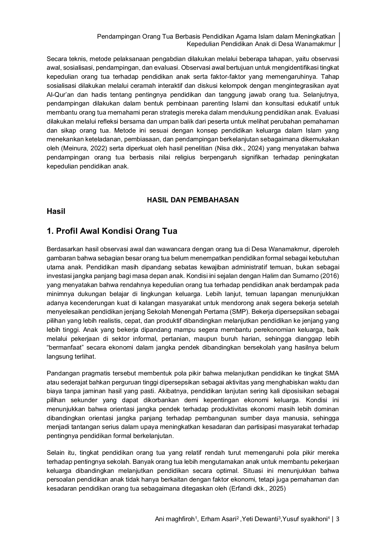 JURIS Pendampingan Orang Tua Berbasis Pendidikan Agama Islam dalam Meningkatkan Kepedulian Pendidikan Anak di Desa Wanamakmur