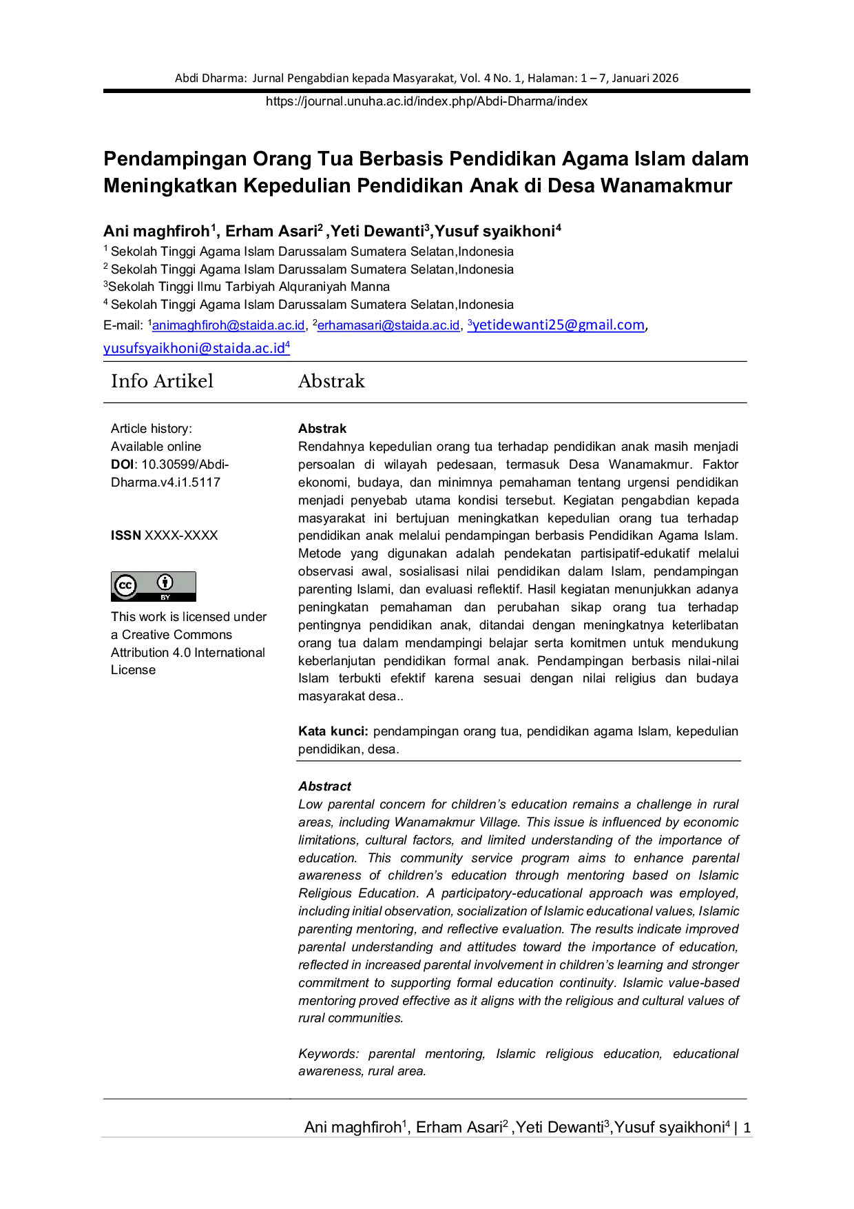 JURIS Pendampingan Orang Tua Berbasis Pendidikan Agama Islam dalam Meningkatkan Kepedulian Pendidikan Anak di Desa Wanamakmur