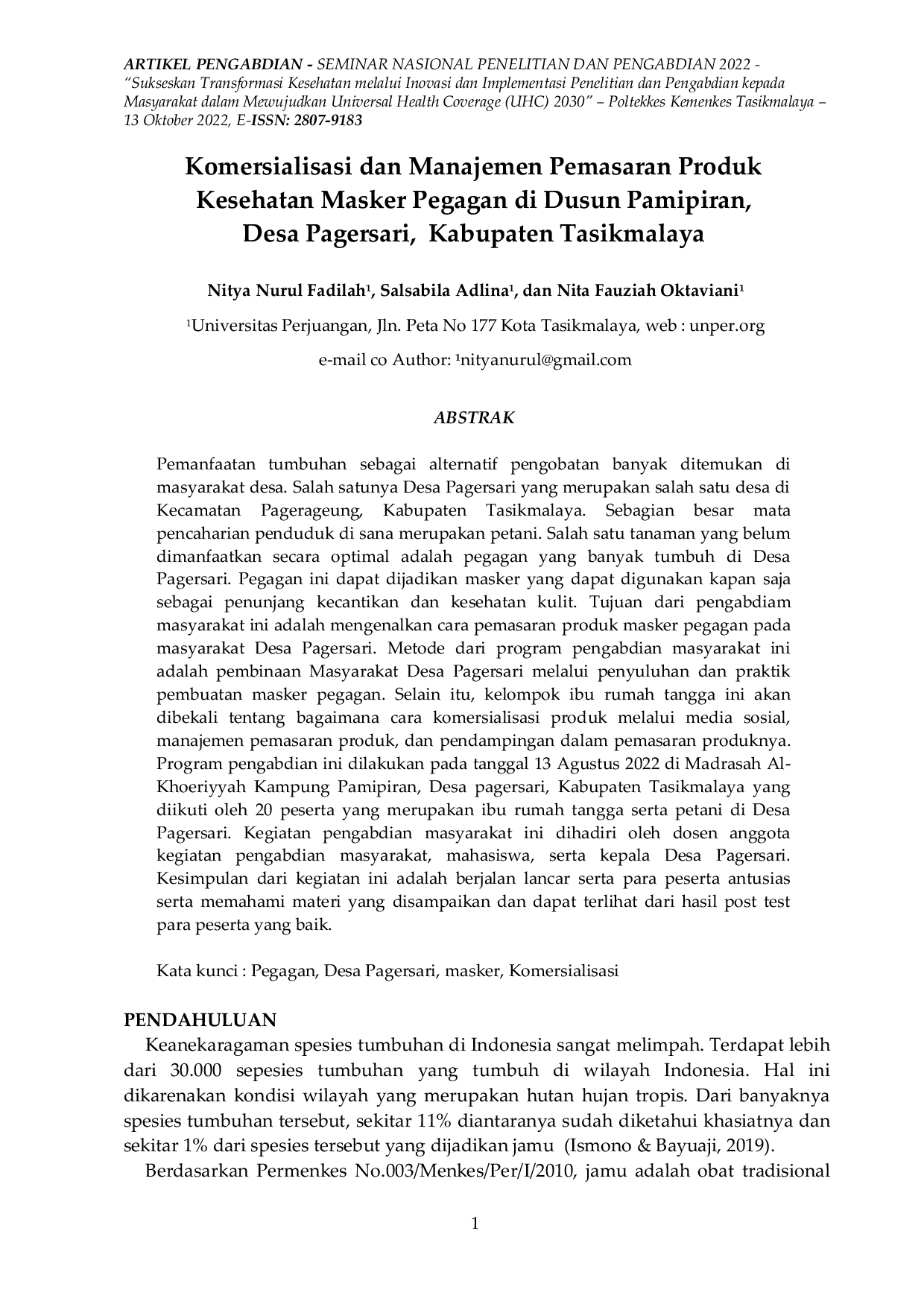JURIS Komersialisasi dan Manajemen Pemasaran Produk Kesehatan Masker Pegagan di Dusun Pamipiran Desa Pagersari Kabupaten Tasikmalaya