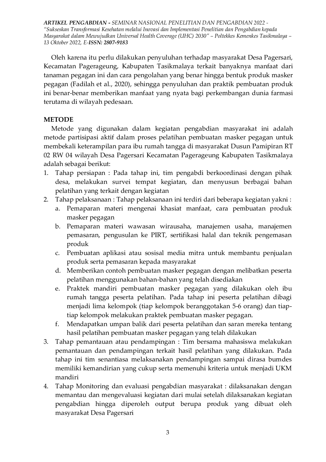 JURIS Komersialisasi dan Manajemen Pemasaran Produk Kesehatan Masker Pegagan di Dusun Pamipiran Desa Pagersari Kabupaten Tasikmalaya