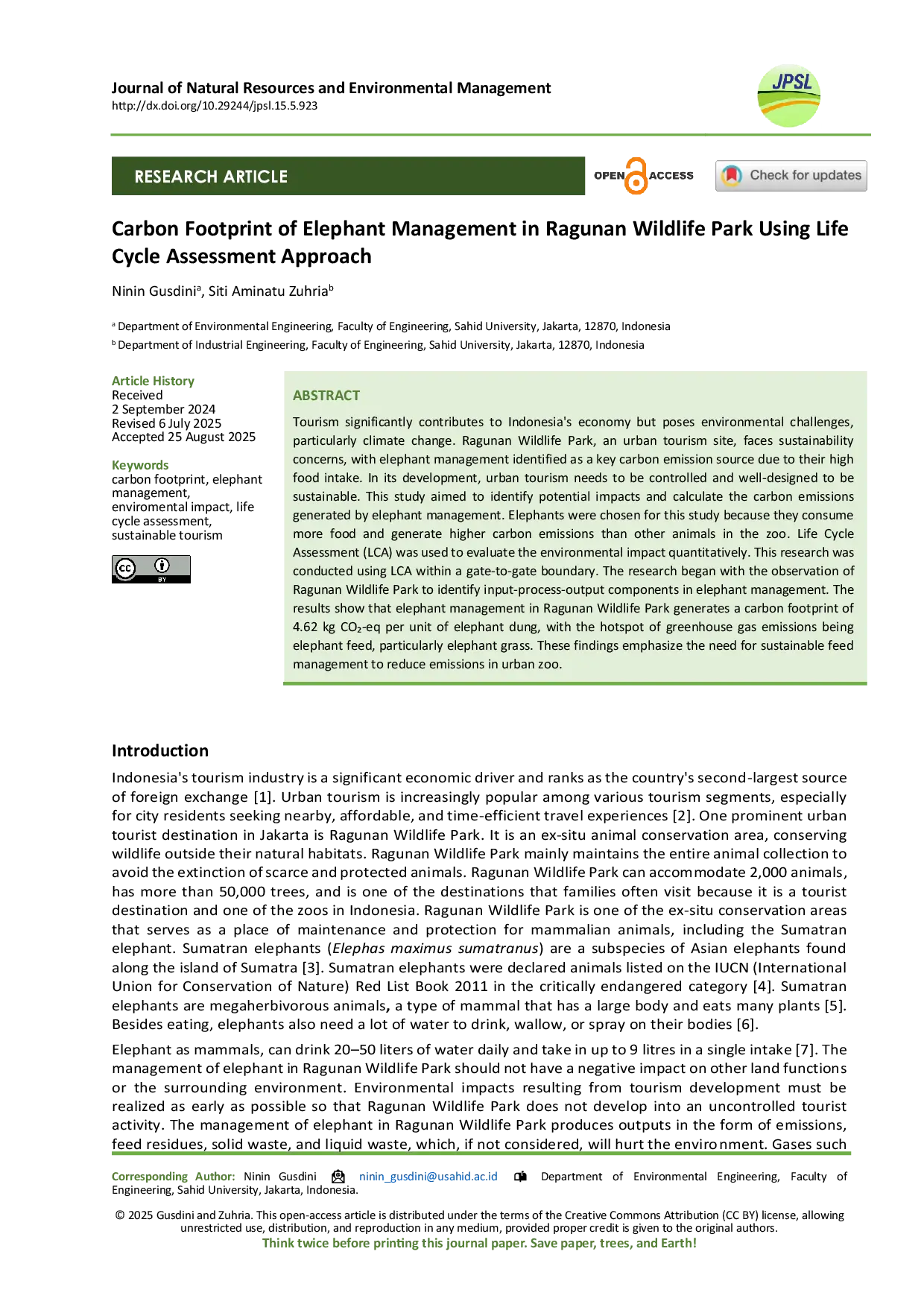 JURIS Carbon Footprint of Elephant Mammal Management in Taman Margasatwa Ragunan Using Life Cycle Assessment Approach