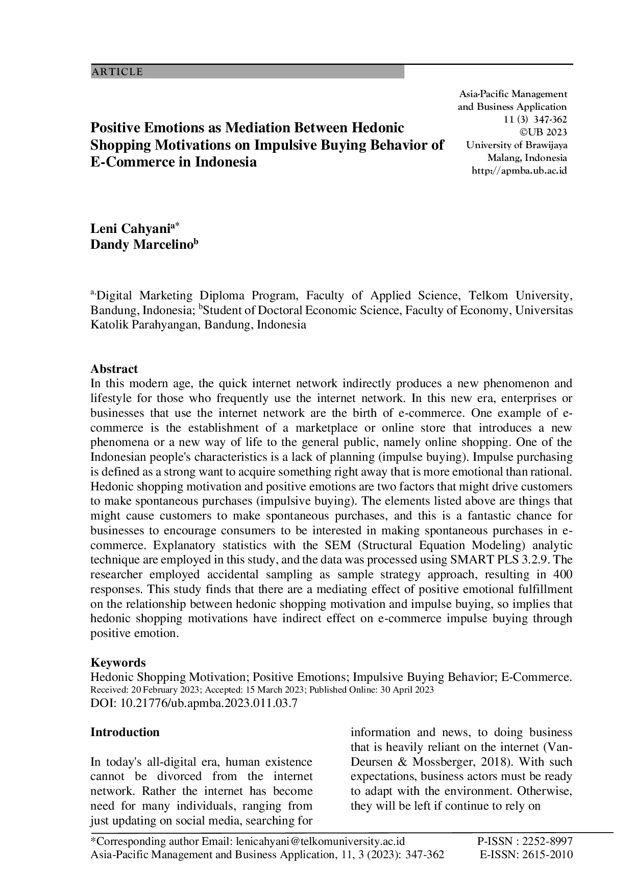JURIS Positive Emotions as Mediation Between Hedonic Shopping Motivations on Impulsive Buying Behavior of E Commerce in Indonesia