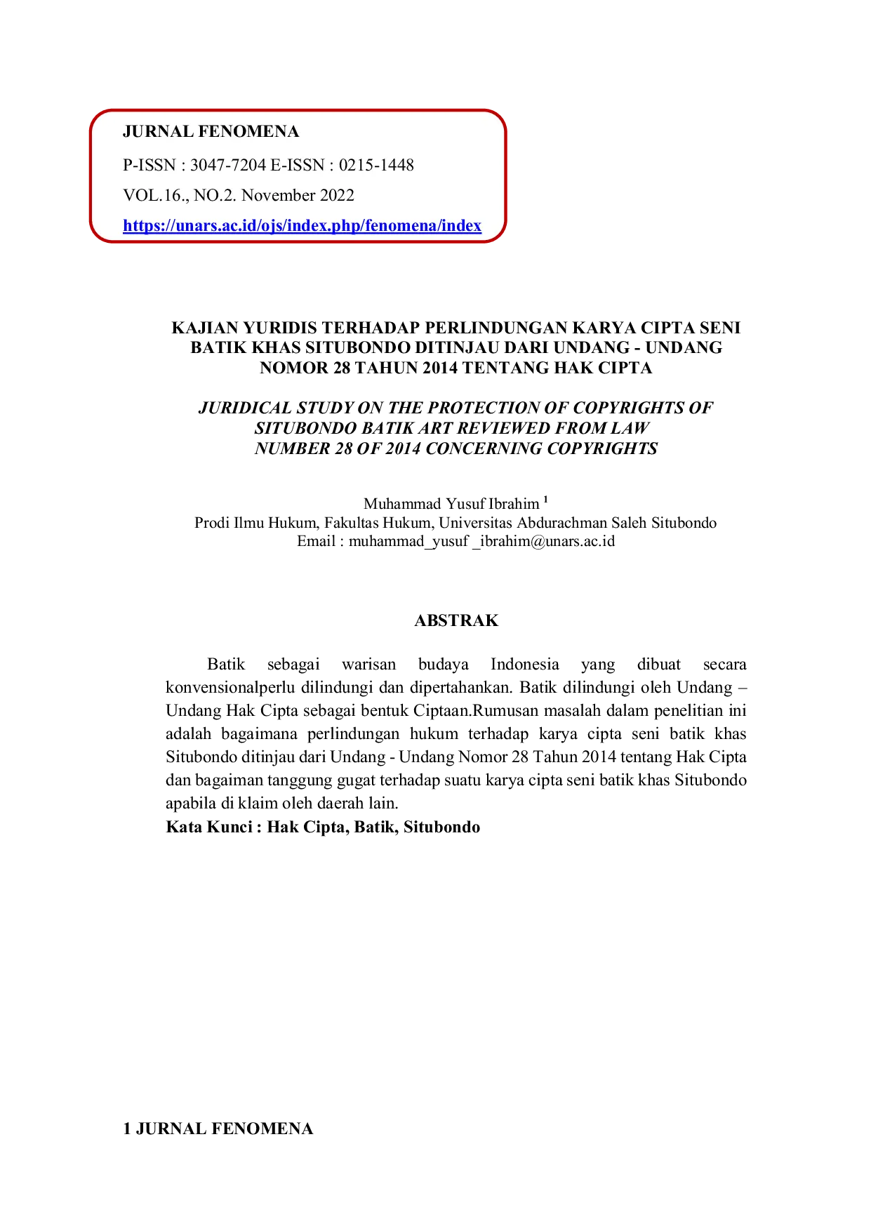 JURIS Kajian Yuridis Terhadap Perlindungan Karya Cipta Seni Batik Khas Situbondo Ditinjau Dari Undang Undang Nomor 28 Tahun 2014 Tentang Hak Cipta