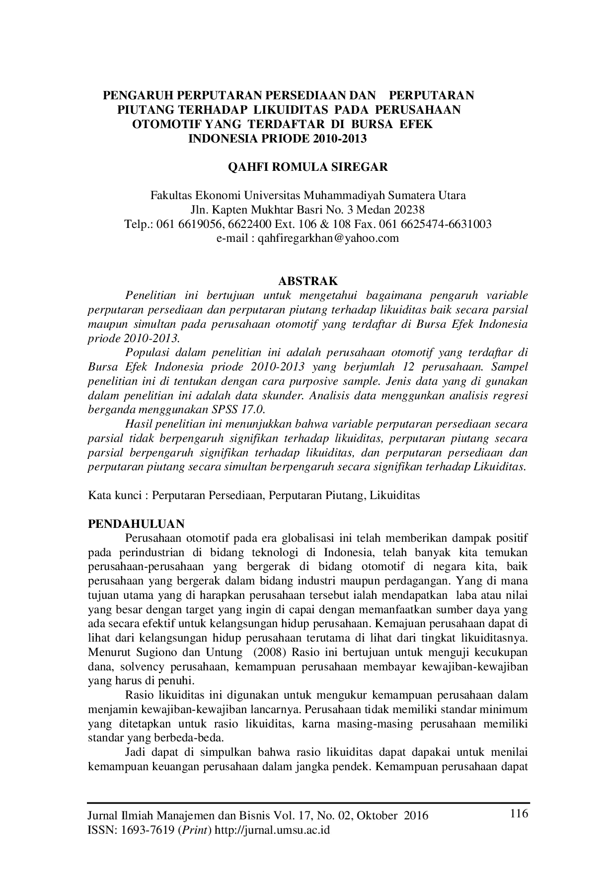 JURIS Pengaruh Perputaran Persediaan Dan Perputaran Piutang Terhadap Likuiditas Pada Perusahaan Otomotif Yang Terdaftar Di Bursa Efek Indonesia Priode 2010 2013