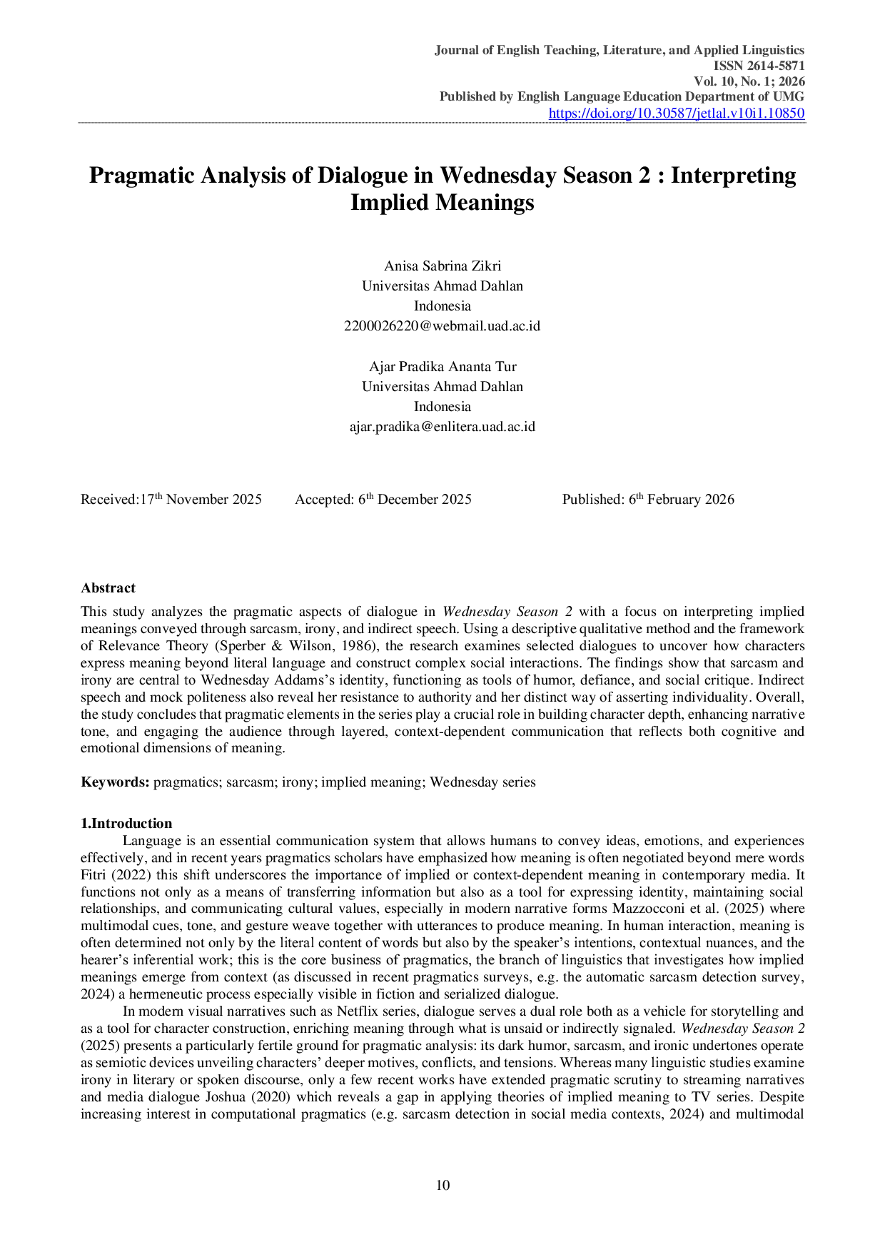 JURIS Pragmatic Analysis of Dialogue in Wednesday Season 2 Interpreting Implied Meanings