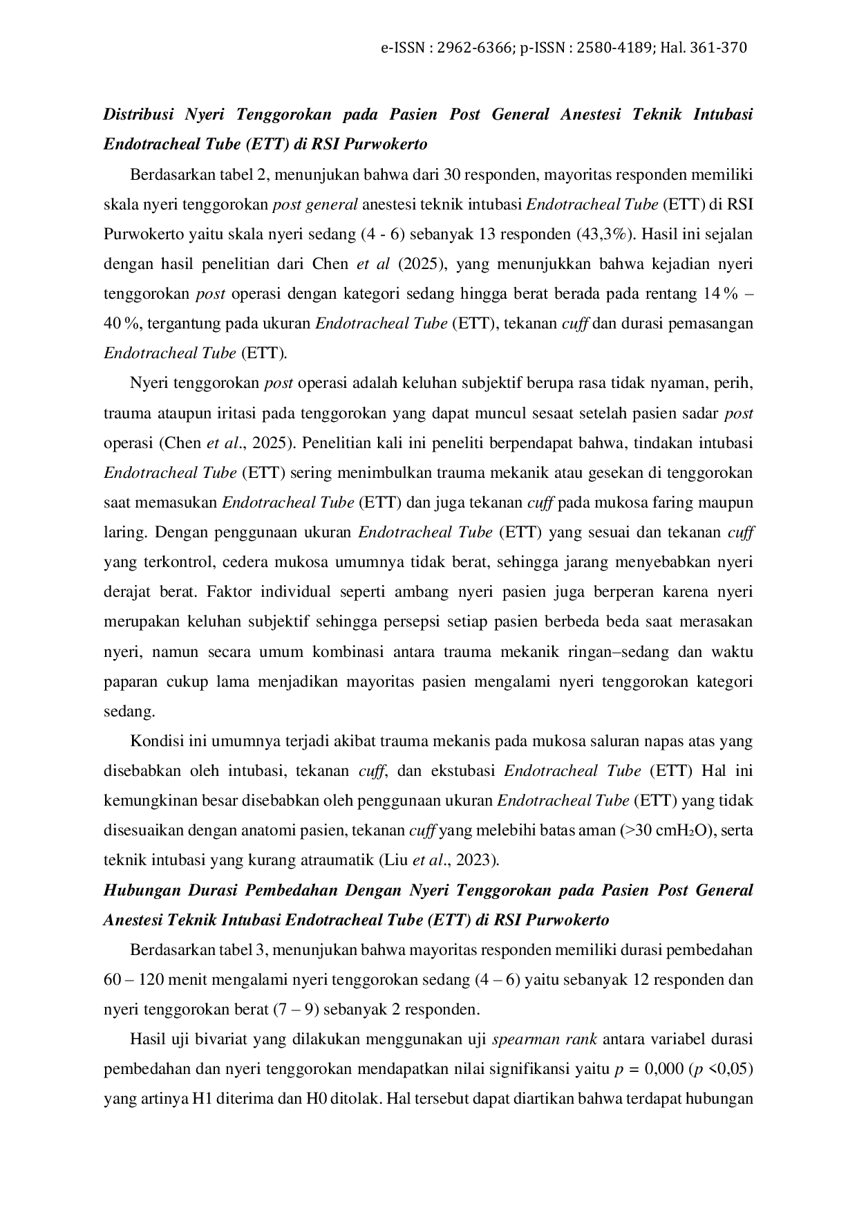 JURIS Hubungan Durasi Pembedahan dengan Nyeri Tenggorokan pada Pasien Post General Anestesi Teknik Intubasi Endotracheal Tube di RSI Purwokerto