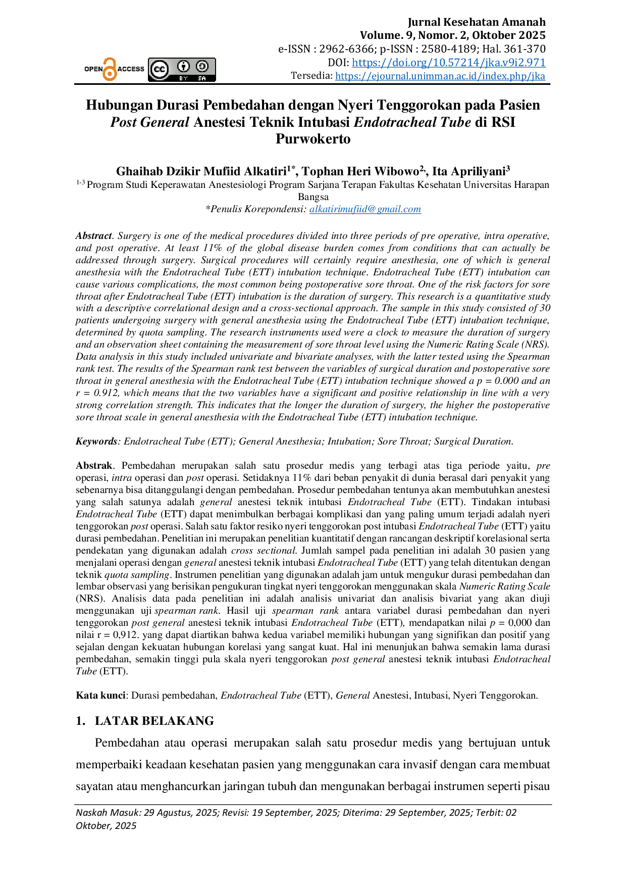 JURIS Hubungan Durasi Pembedahan dengan Nyeri Tenggorokan pada Pasien Post General Anestesi Teknik Intubasi Endotracheal Tube di RSI Purwokerto