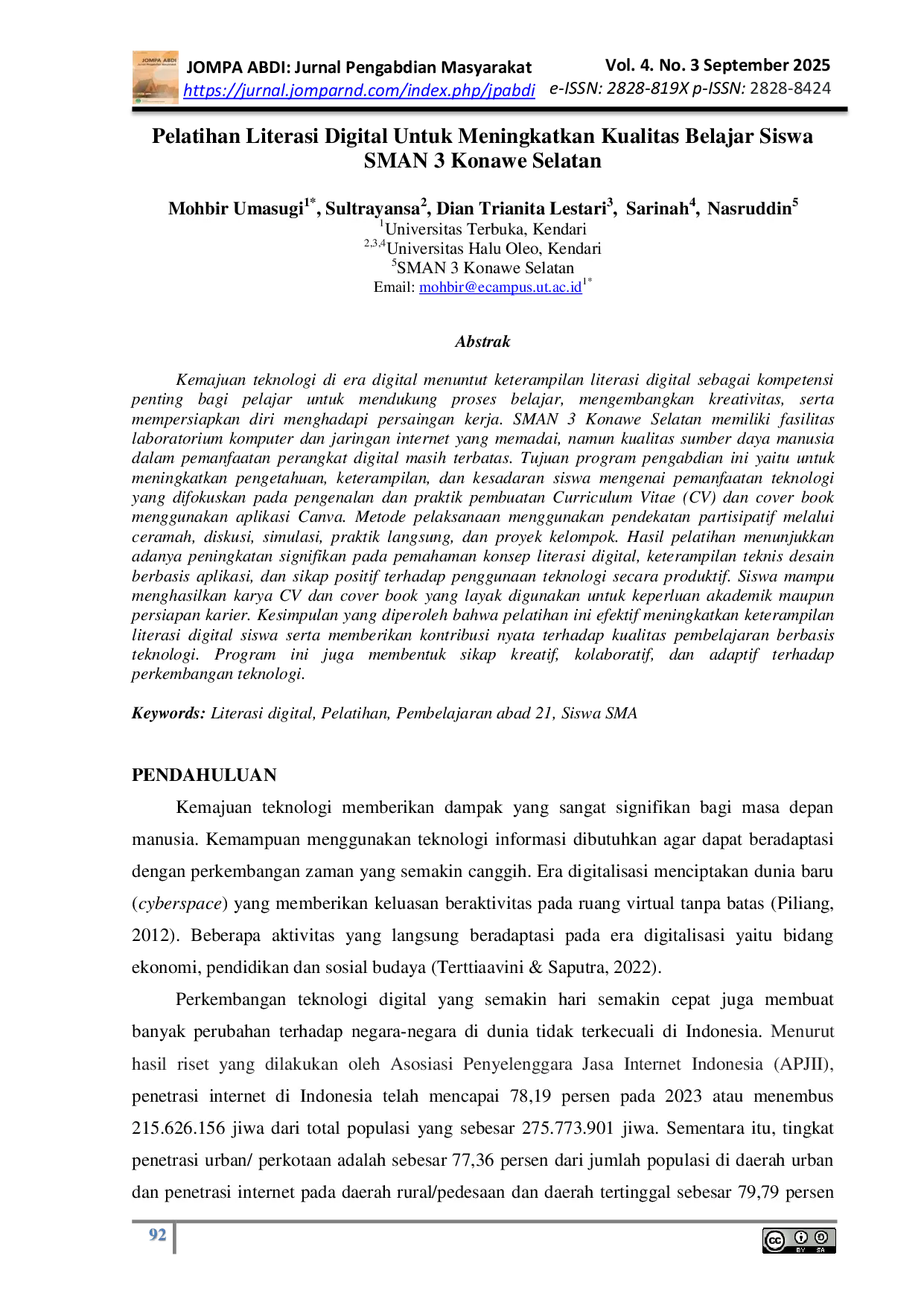 JURIS Pelatihan Literasi Digital Untuk Meningkatkan Kualitas Belajar Siswa SMAN 3 Konawe Selatan