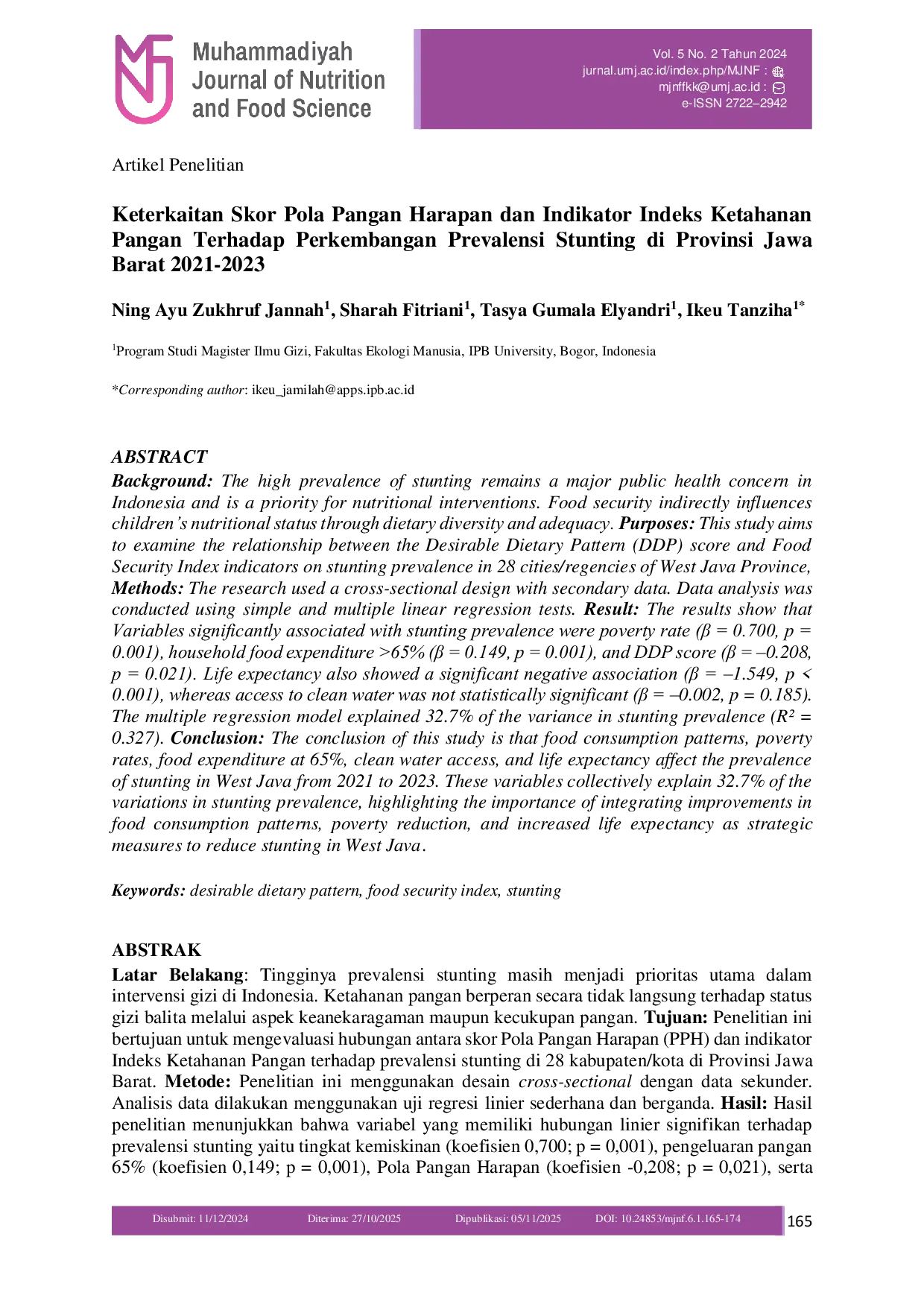 JURIS Keterkaitan Skor Pola Pangan Harapan dan Indikator Indeks Ketahanan Pangan Terhadap Perkembangan Prevalensi Stunting di Provinsi Jawa Barat 2021 2023