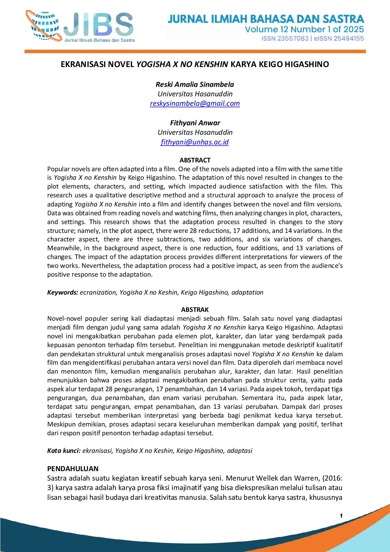 JURIS Ekranisasi Novel Yogisha X no Kenshin Karya Keigo Higashino