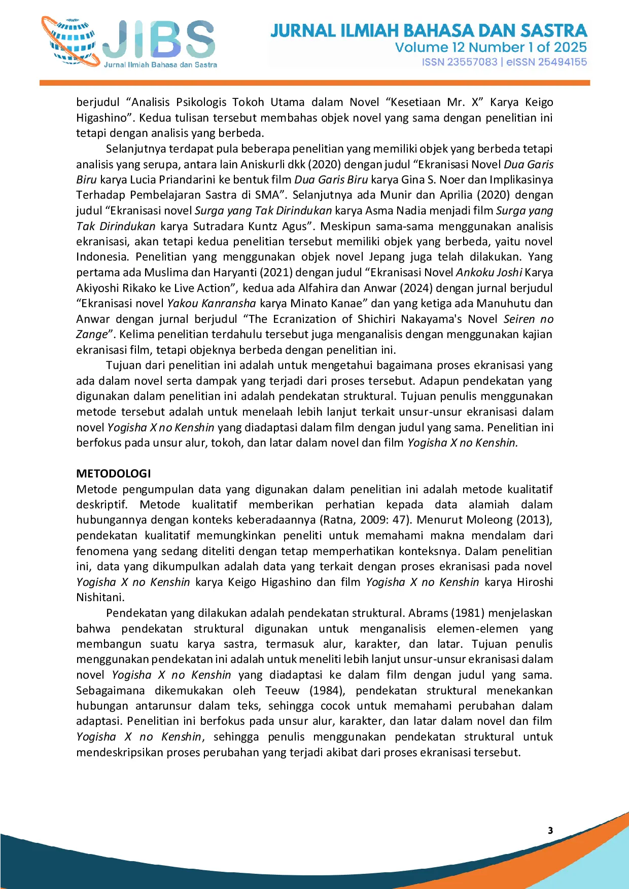 JURIS Ekranisasi Novel Yogisha X no Kenshin Karya Keigo Higashino