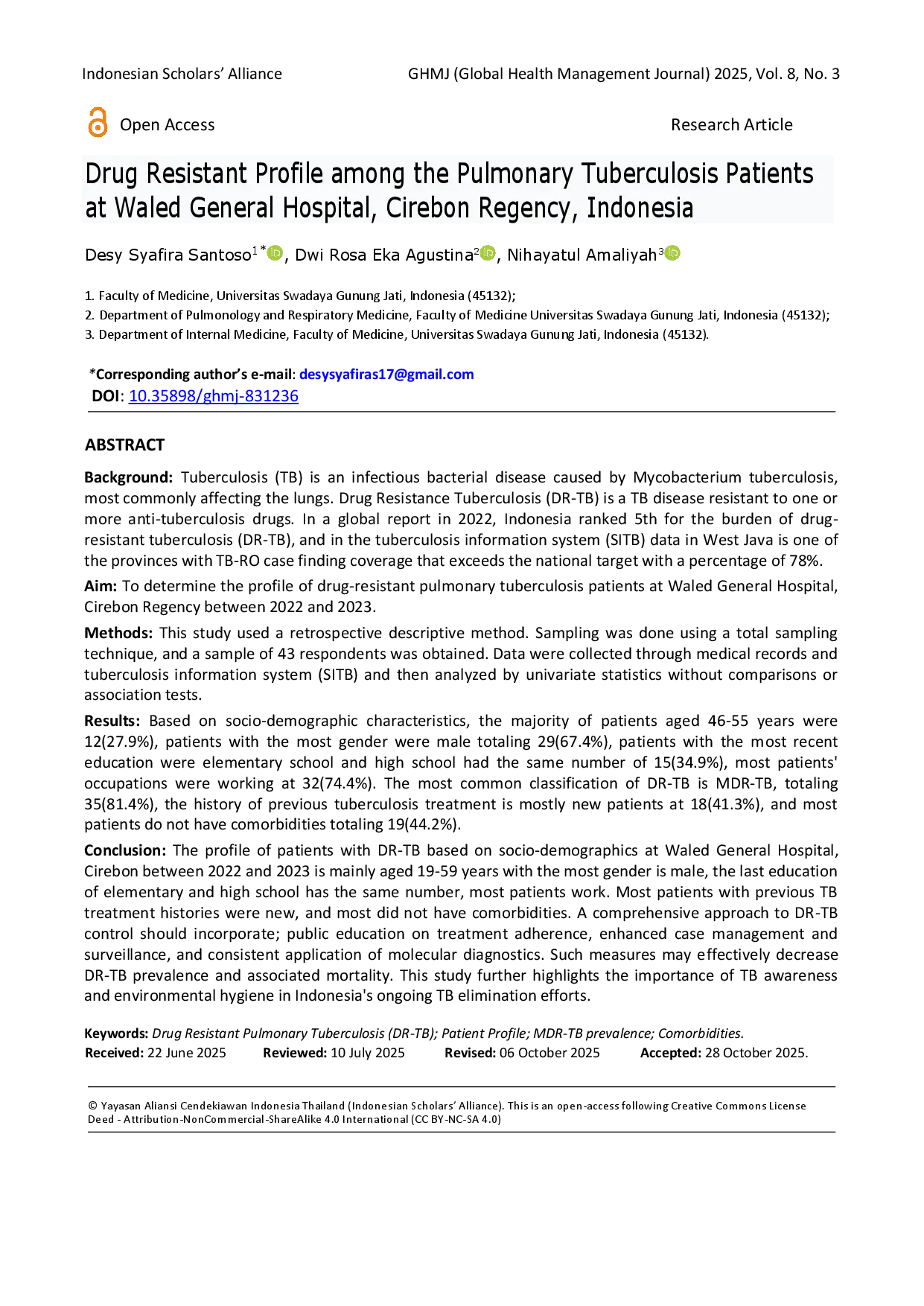 juris Drug Resistant Profile among the Pulmonary Tuberculosis Patients at Waled General Hospital Cirebon Regency Indonesia