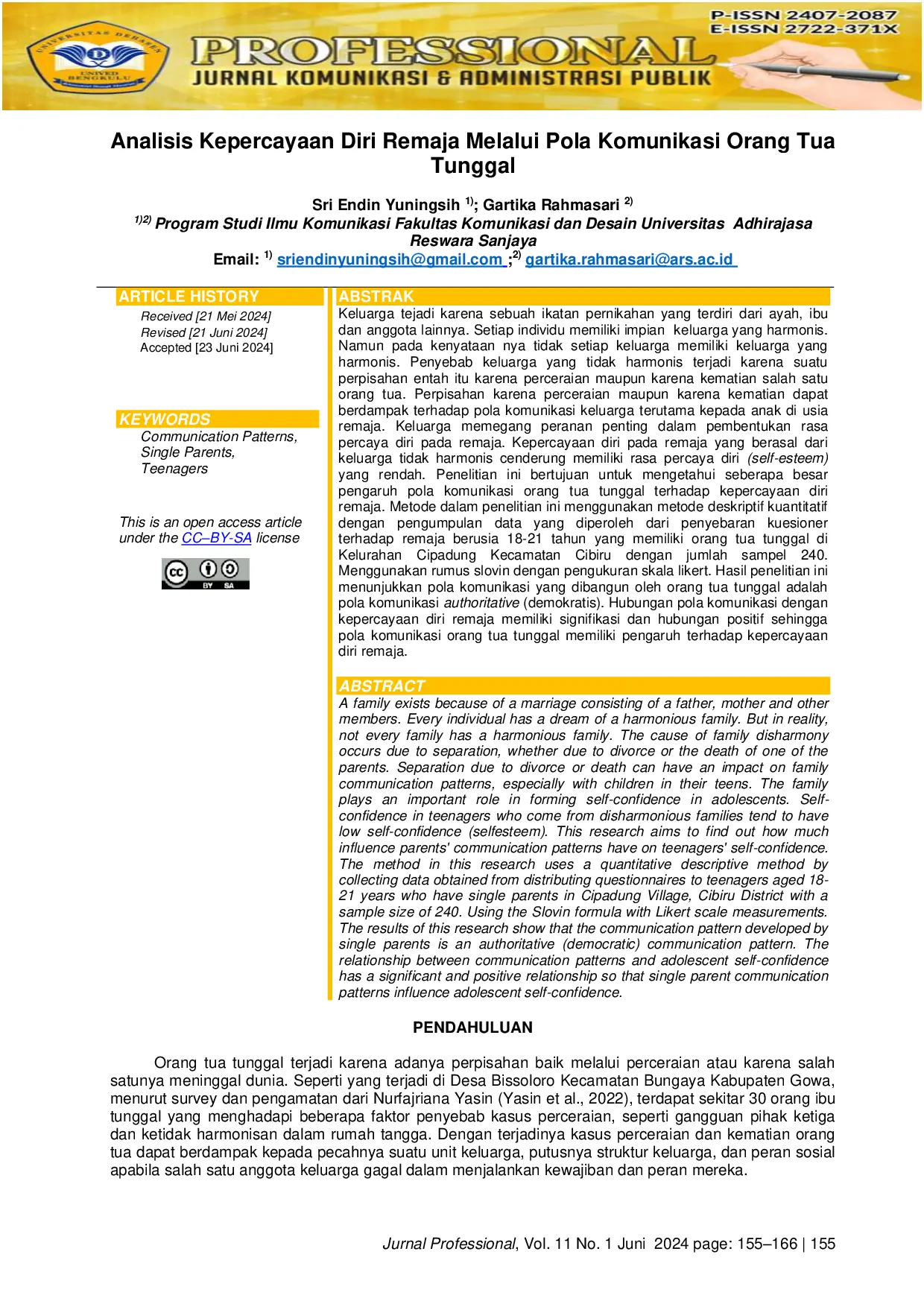 JURIS Analisis Kepercayaan Diri Remaja Melalui Pola Komunikasi Orang Tua Tunggal