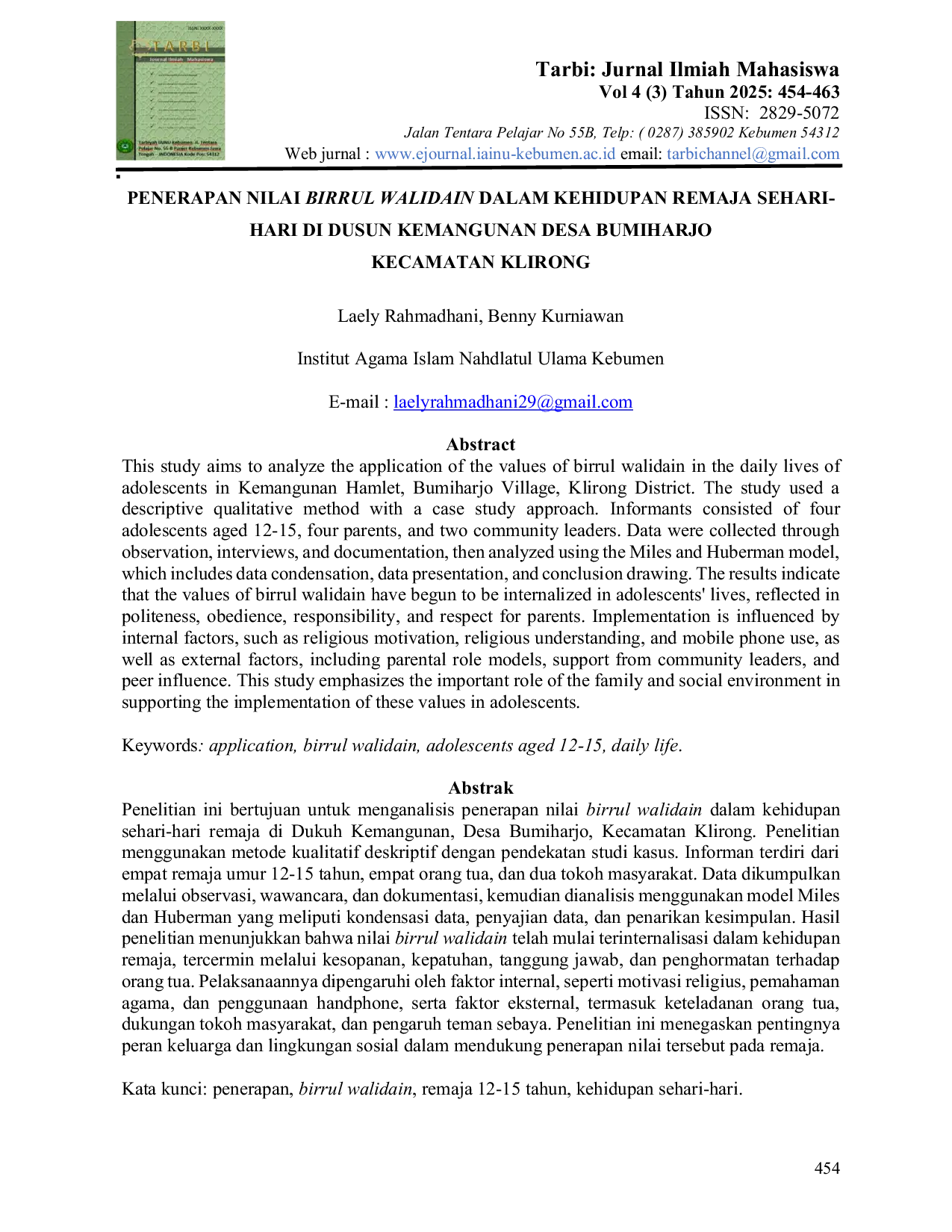 JURIS Penerapan Nilai Birrul Walidain dalam Kehidupan Remaja Sehari hari di Dusun Kemangunan Desa Bumiharjo Kecamatan Klirong