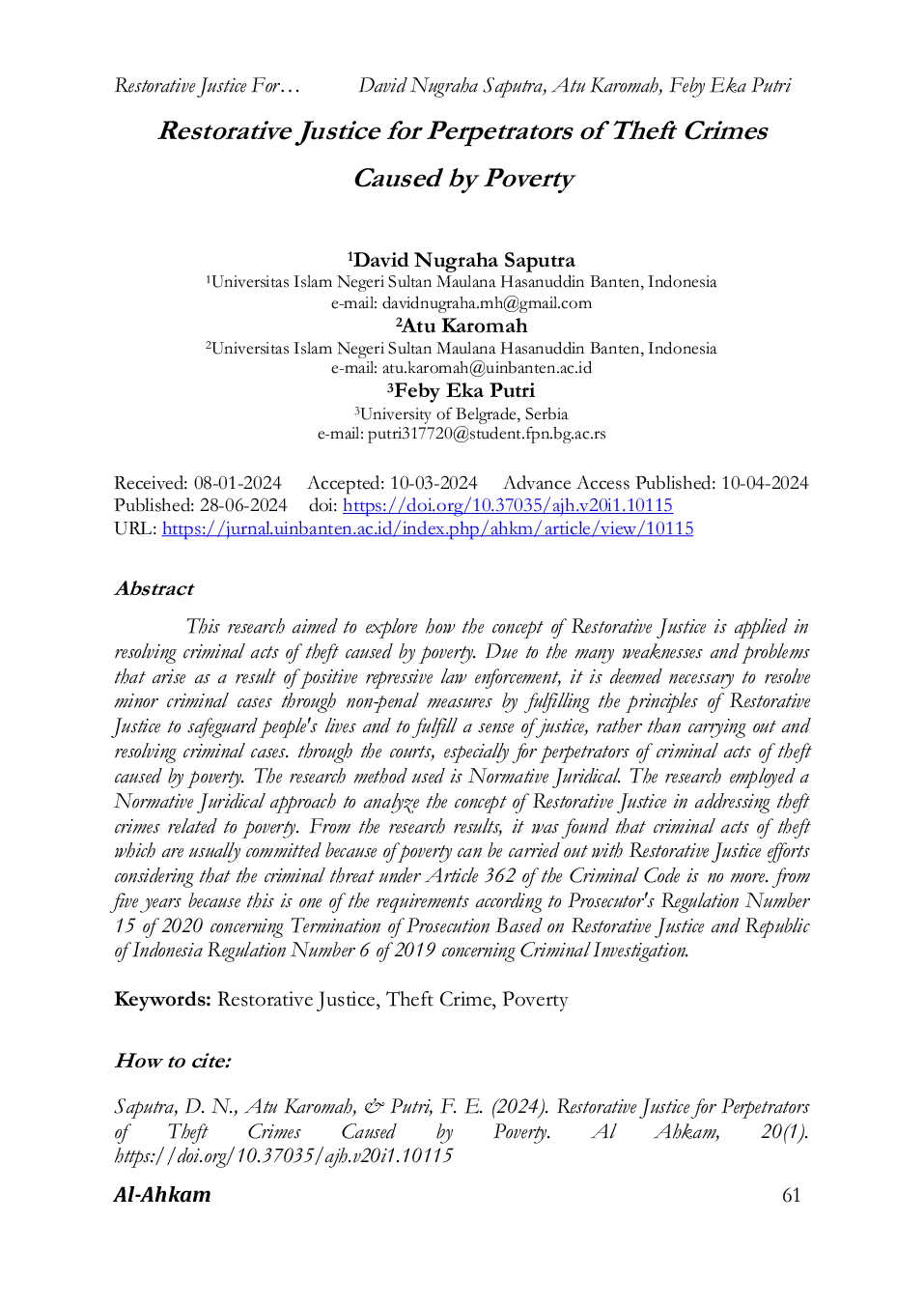 JURIS Restorative Justice for Perpetrators of Theft Crimes Caused by Poverty